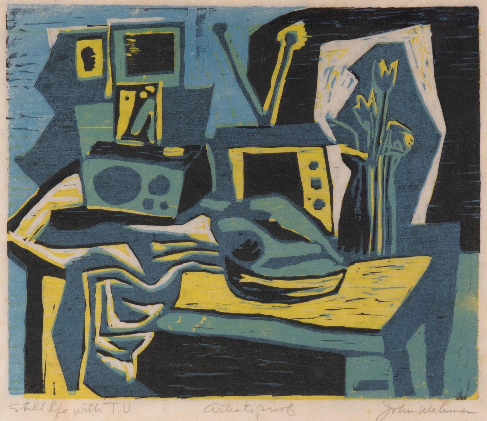 John Wehmer, Missouri (1927 - 2019), Still Life with T.V., color woodcut, artist's proof (1 of 5)