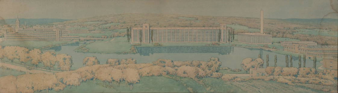 Jules Guerin, New York, Illinois, Missouri, New Jersey (1866-1946), The American Optical Company,: Jules GuerinNew York, Illinois, Missouri, New Jersey, (1866-1946)The American Optical Company, Southbridge, MA, USAwatercolor on papersigned lower left, framed.11 1/2 x 40 inches