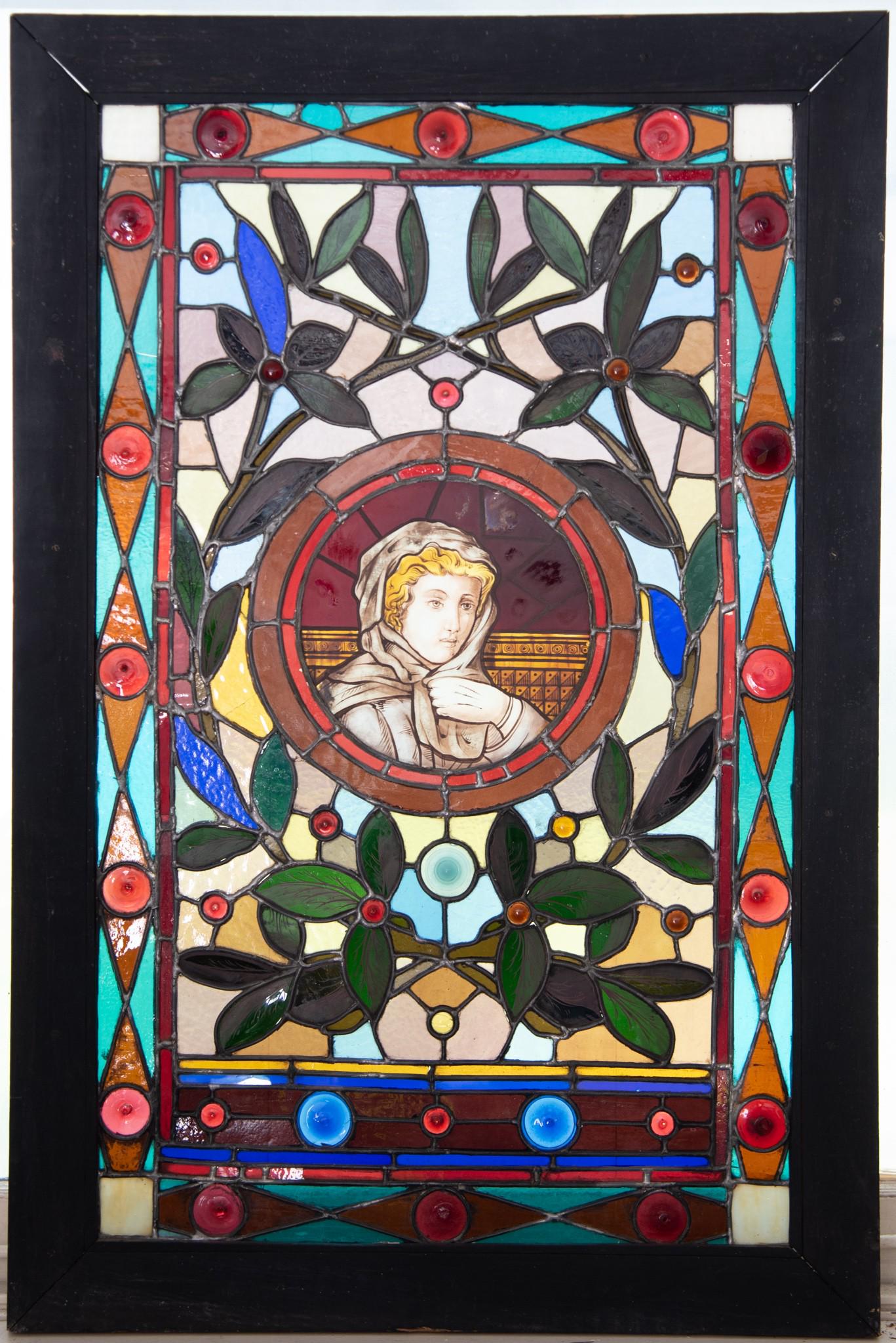 Two Antique Continental Matching Stained Glass Windows featuring a Scholar and Probable Wife (1 of 10)