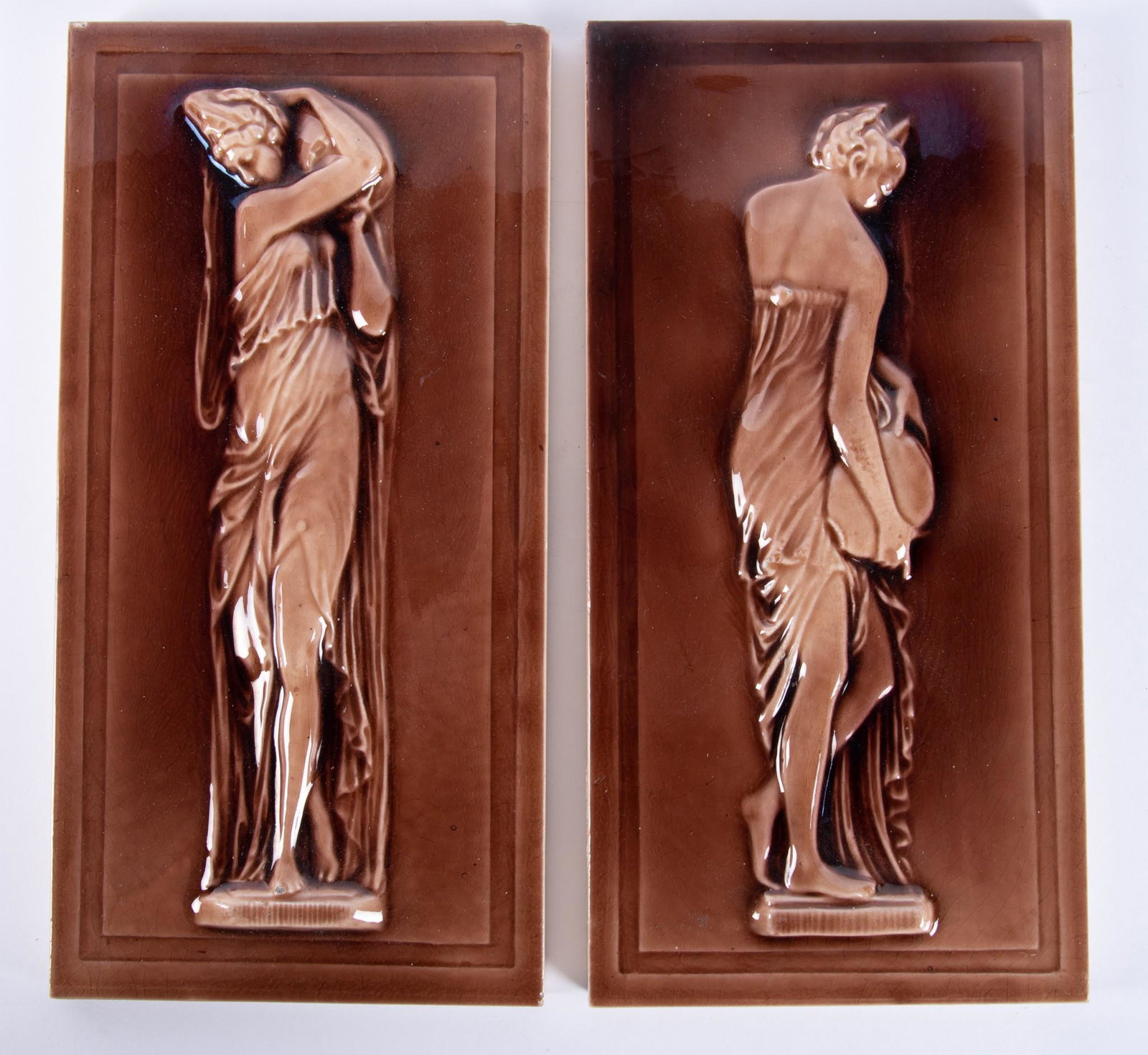 Two Hamilton Company Art Pottery Tiles: Two Hamilton Company Art Pottery Tiles Both depicting woman with water vessels. 6" x 12"