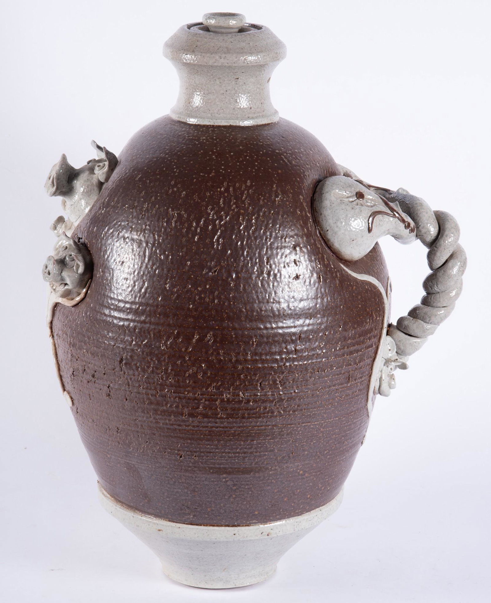 Folk Art Pig Face Stoneware Lidded Vessel (1 of 6)