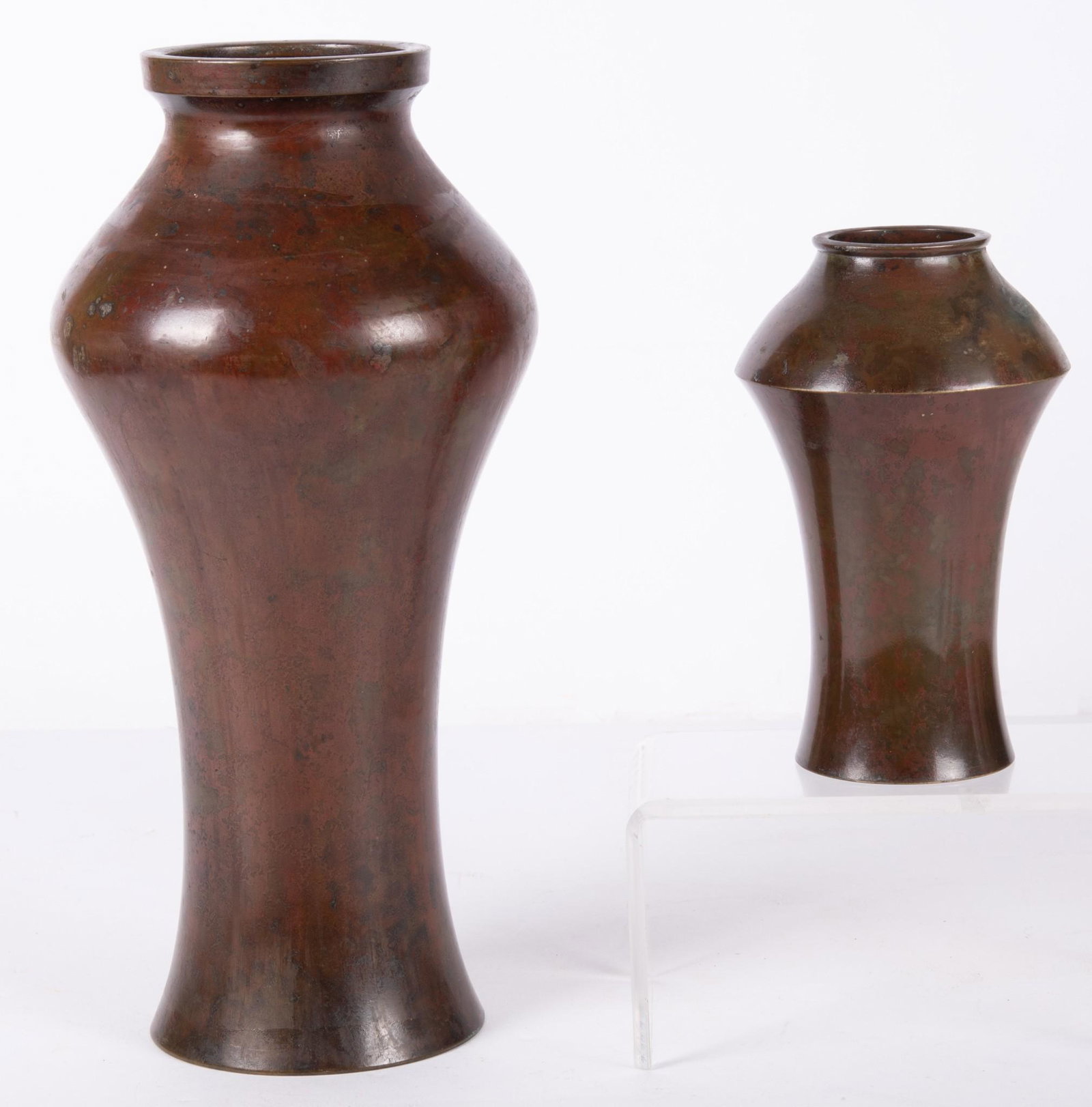 Two Arts & Crafts Style Bronze Vases: Two Arts & Crafts Style Bronze Vases Both with deep brown patina, the taller vase (13" tall) missing base (likely for a lamp). Smaller vase stamped "Nippon" (7" tall)
