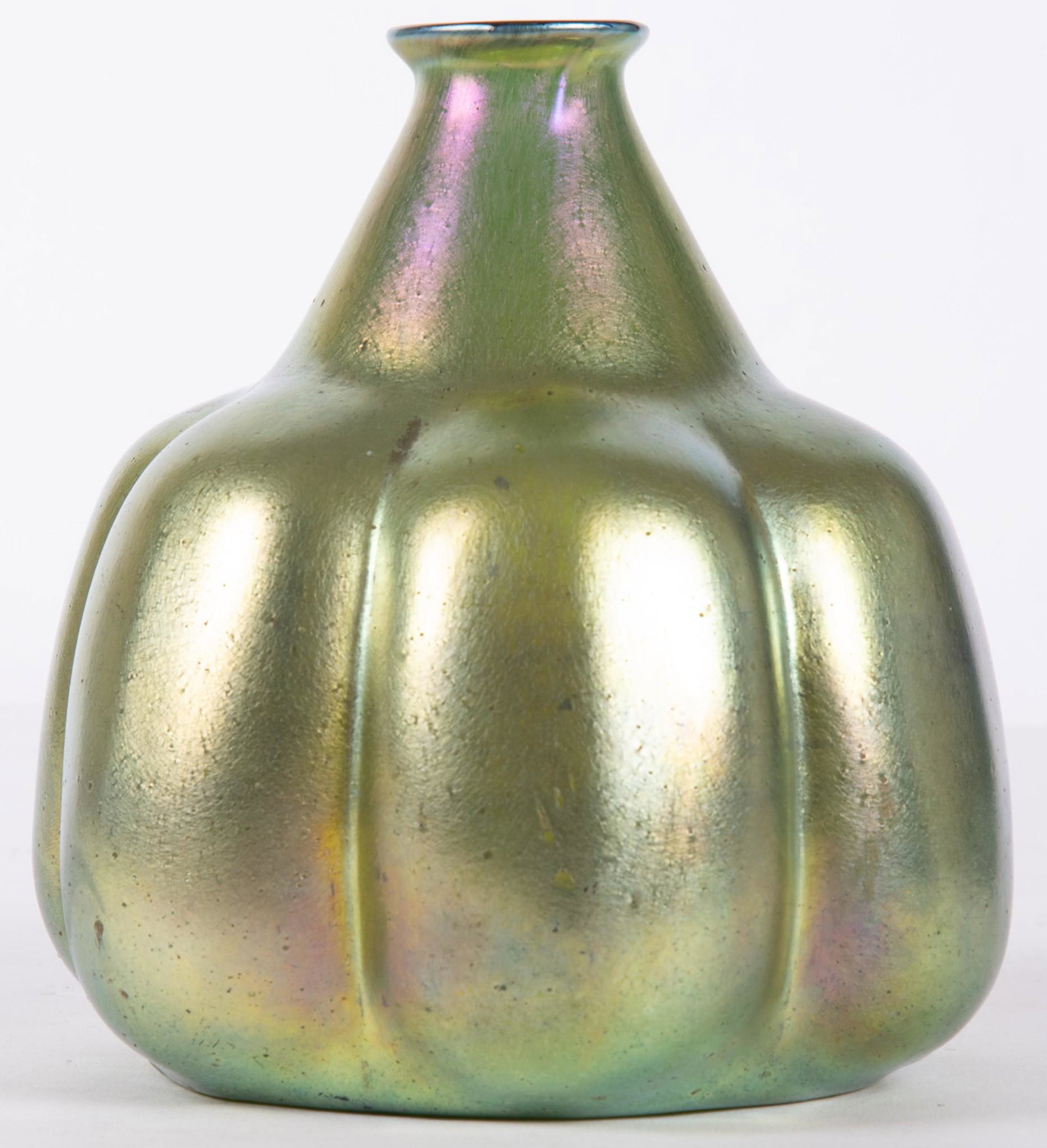 A Beautiful Loetz Lobed Form Vase: A Beautiful Loetz Lobed Form Vase Lovely green iridescent vase with 6 lobed section. 7"