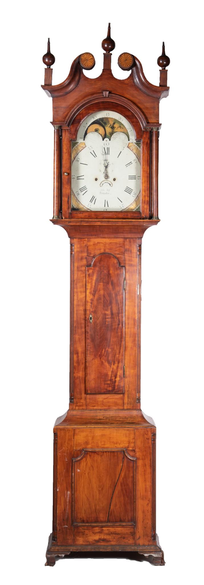 Antique American Pennsylvania Longcase Clock, signed John Hoff, Lancaster: Antique American Pennsylvania Longcase Clock, signed John Hoff, LancasterThree orb form finials and broken swan form pediment with carved medallions and full columns centering an arched form door with