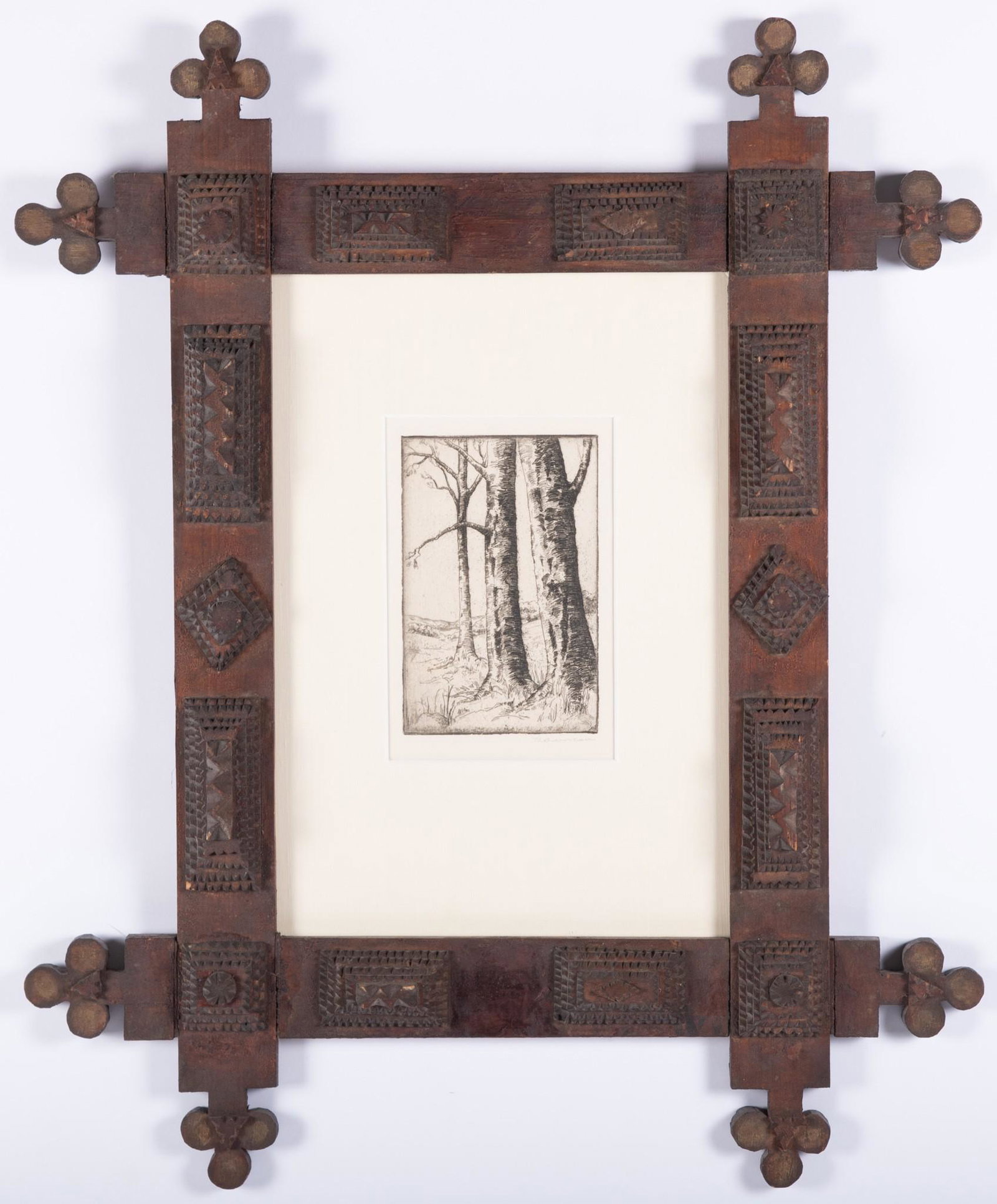 B. Duncan, Chigaco Society of Artists, circa 1930s, etching of Trees in a Tramp Art Frame (1 of 4)