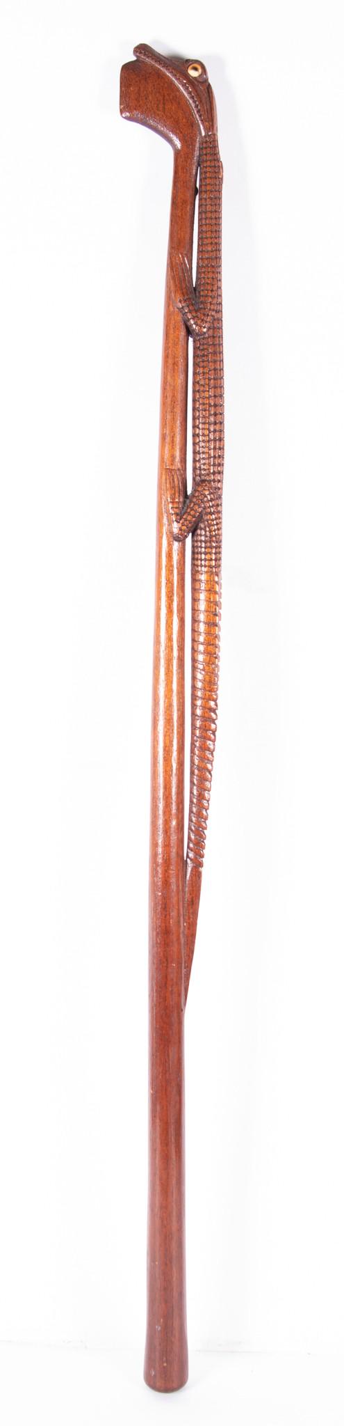 Vintage Folk Art Carved Wood Walking Stick with a Caiman Climbing the Side, having Glass Eyes. (1 of 4)