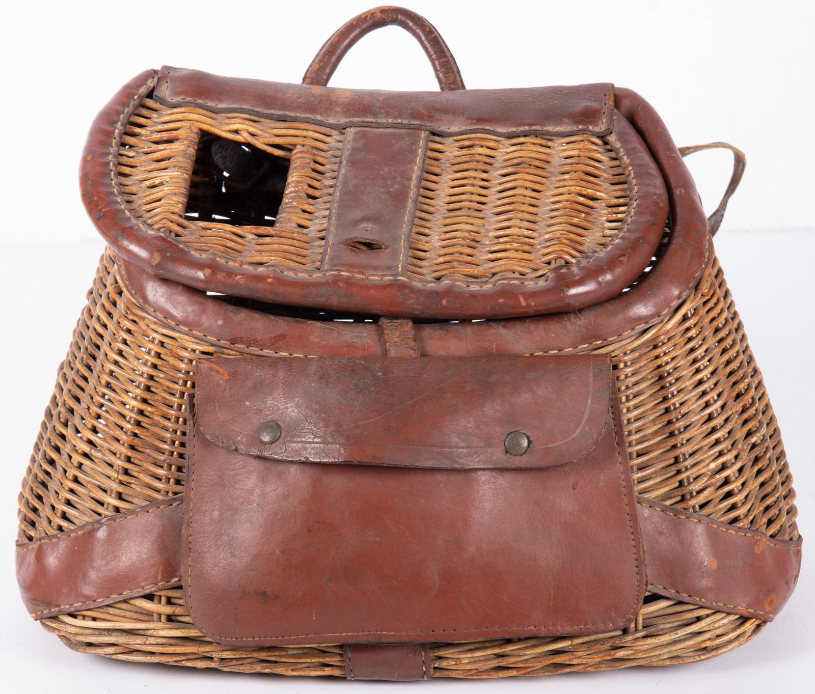 Vintage Wicker Fishing Creel with Leather Pocket and Trim, Early 20th Century (1 of 4)
