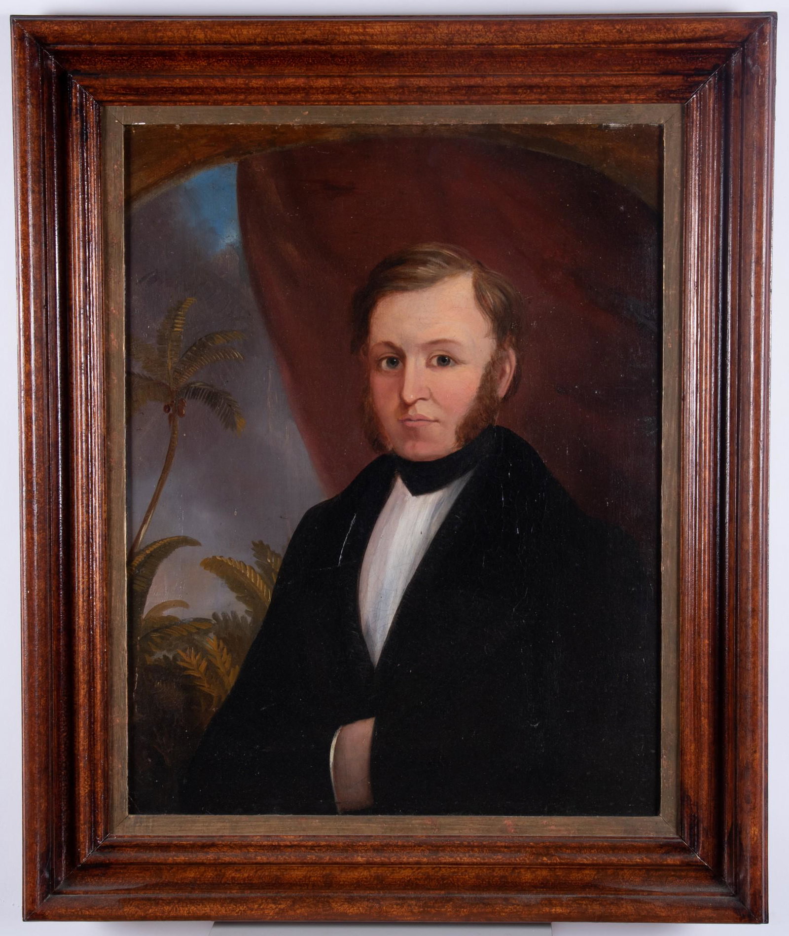 , American School 19th Century, Waist-Length Portrait of a Gentleman, Tropical Landscape with Palm: American School, 19th Century Waist-Length Portrait of a Gentleman, Tropical Landscape with Palm Trees in the Distance oil on canvas unsigned, framed. 22 x 17 inches