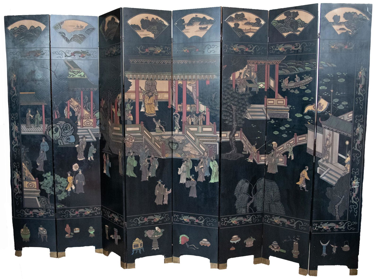 Eight Panel Chinese Black Lacquer Room Screen (1 of 5)