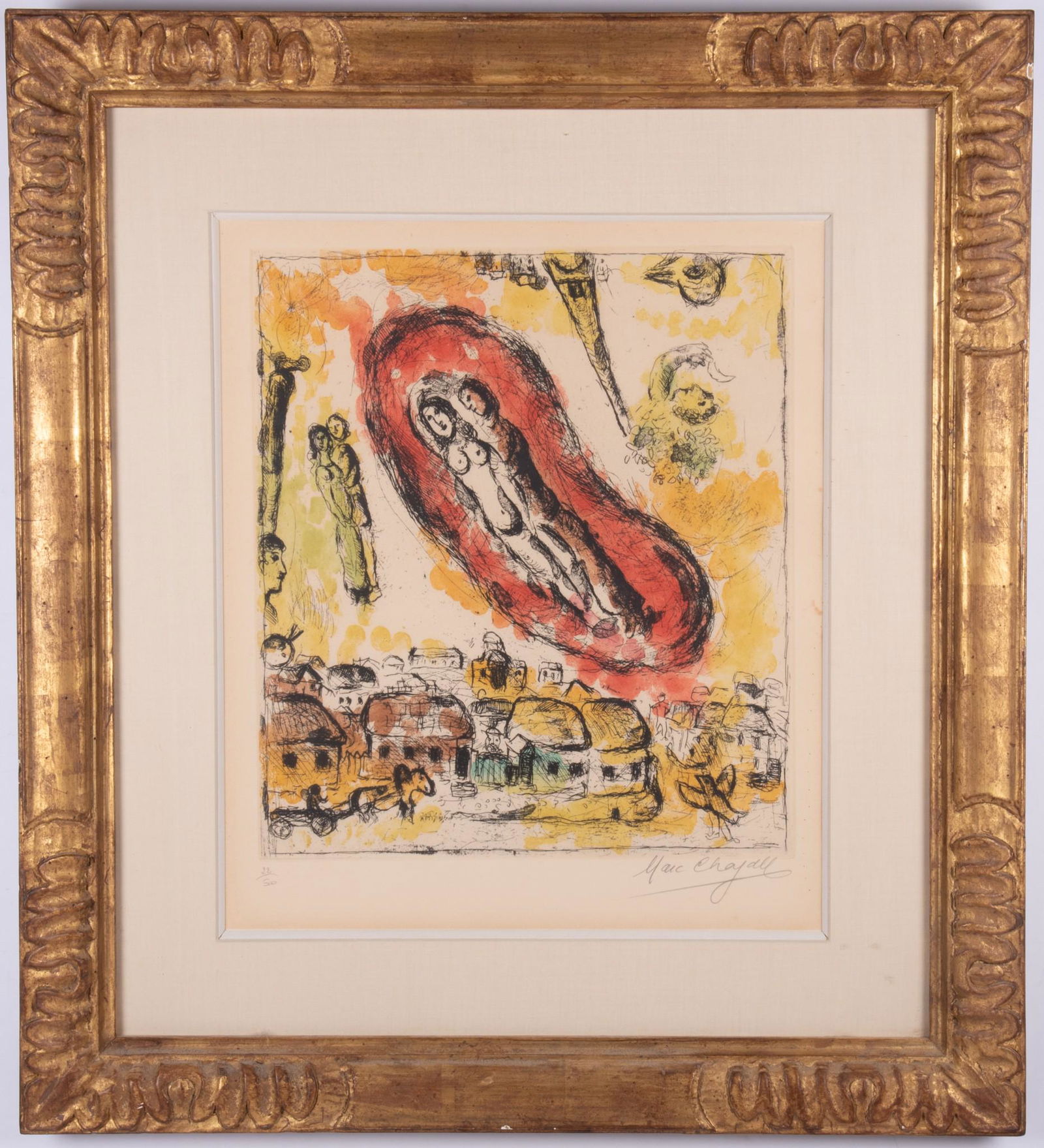 Marc Chagall, Les Nuages aux Amoreux, color lithograph: Marc ChagallLes Nuages aux Amoreuxcolor lithographed. 22/500signed and numbered in pencil lower margin, gilt-framed.17 1/2 x 14 3/4 inches