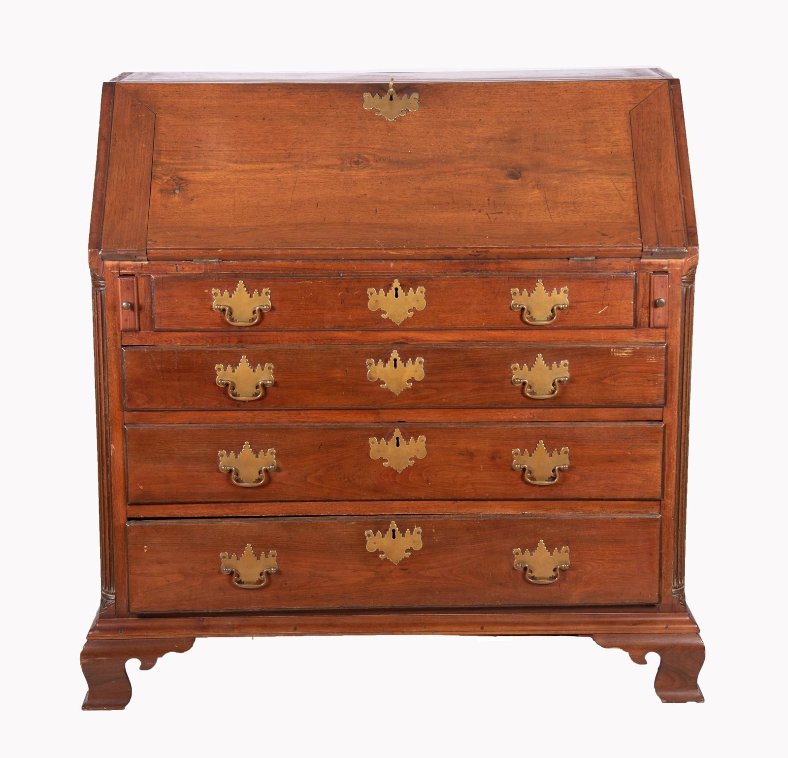Antique American Philadelphia Mahogany Slant Front Desk: Antique American Philadelphia Mahogany Slant Front Desk Dovetailed construction with fall front writing surface opening to show a series of eight pigeon holes and eight drawer centering a hinged door 