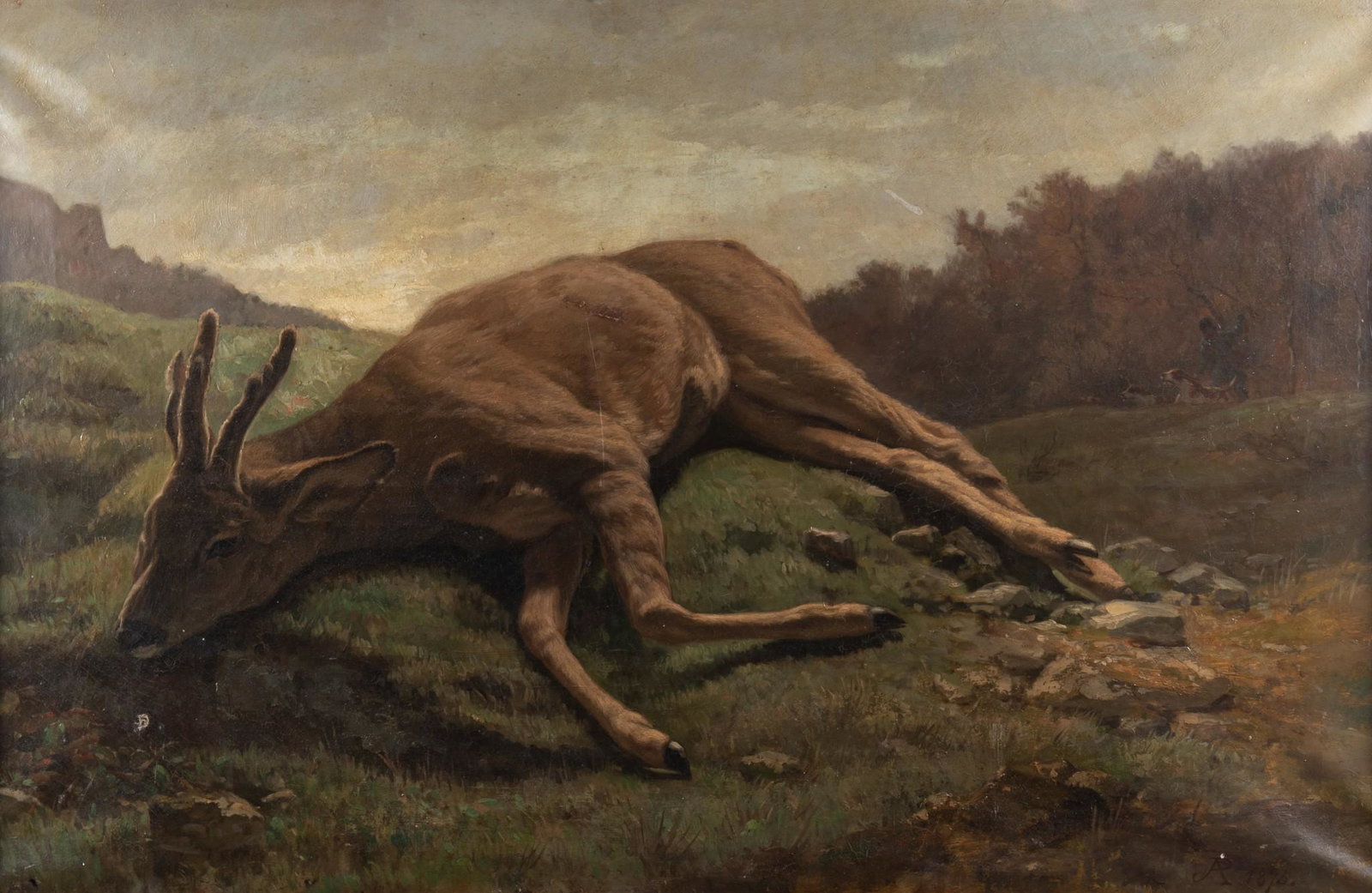 J.A.P , Continental 19th Century, Hunting Scene with Deer in the Foreground, Hunter and Dogs (1 of 8)