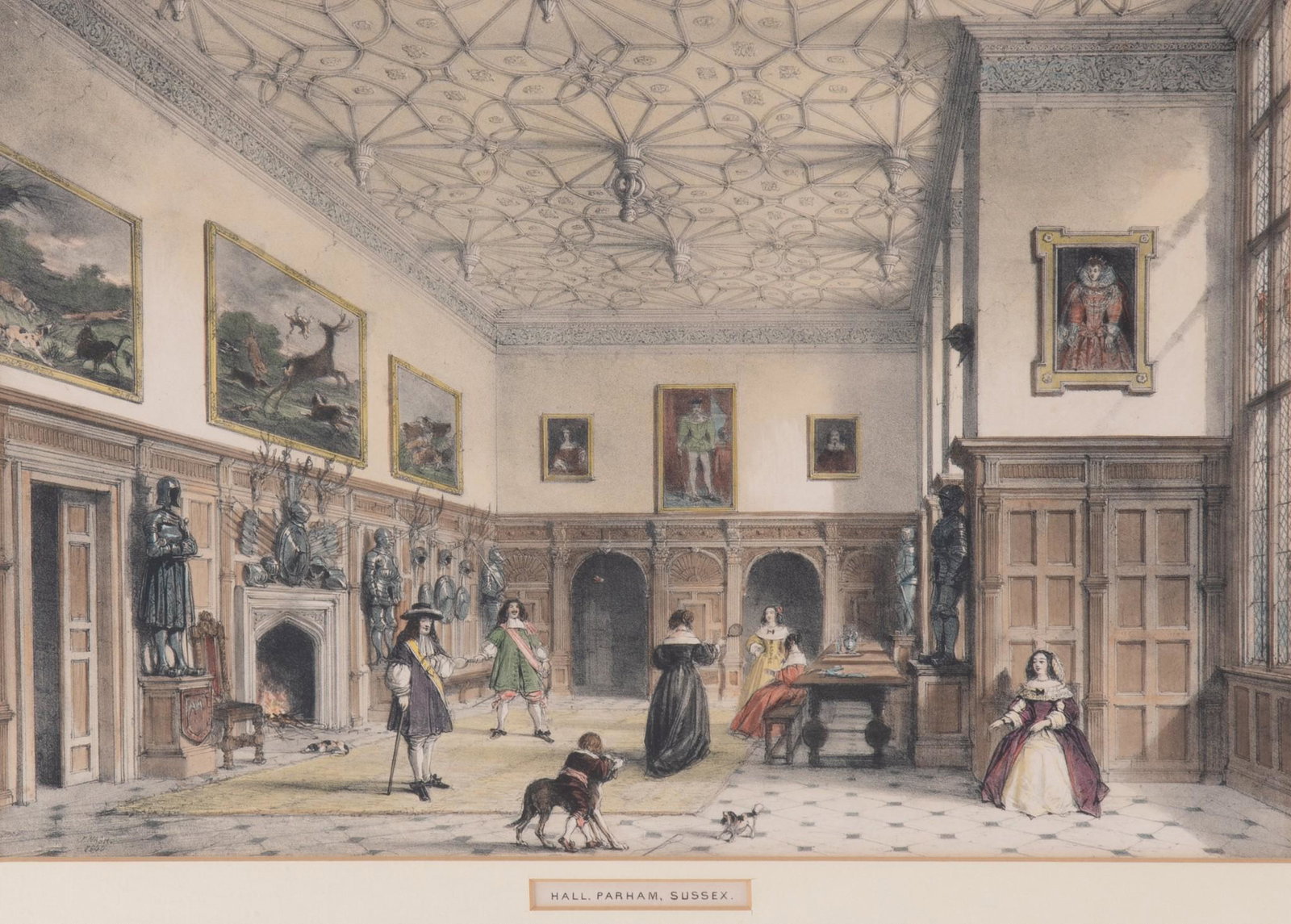 After Joseph Nash, English (1808-1878), The Hall, Parham Park, Sussex, hand colored lithograph (1 of 4)