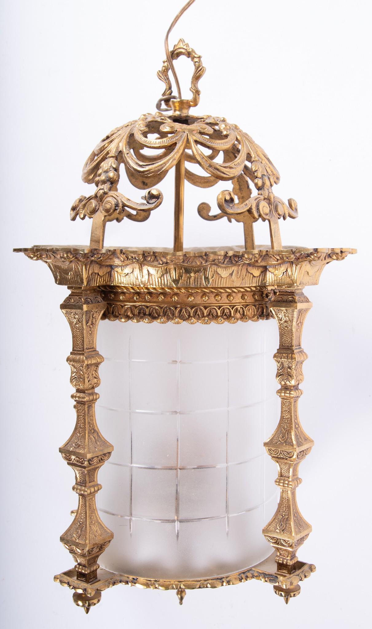 Ornate Brass and Round Frosted Glass Hanging Light Fixture (1 of 3)