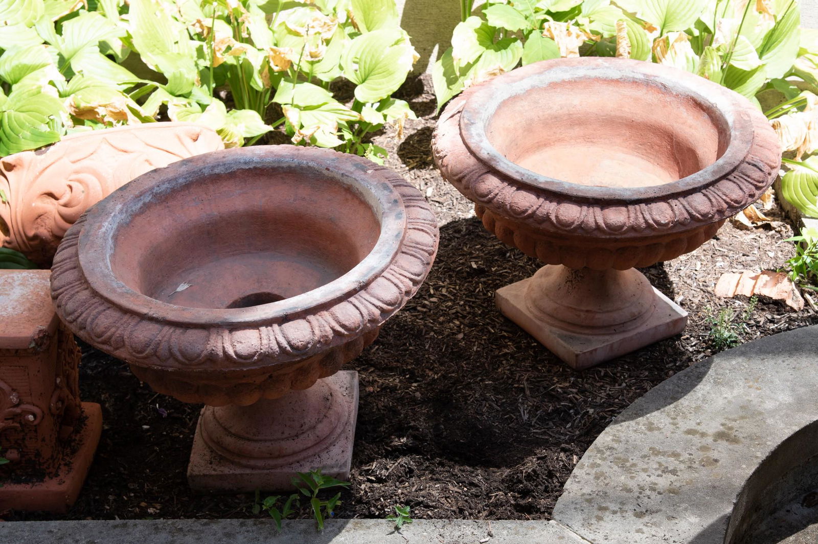 Pair Semi-Antique Terra Cotta Garden Urns With Extra Terra Cotta Pieces (1 of 3)