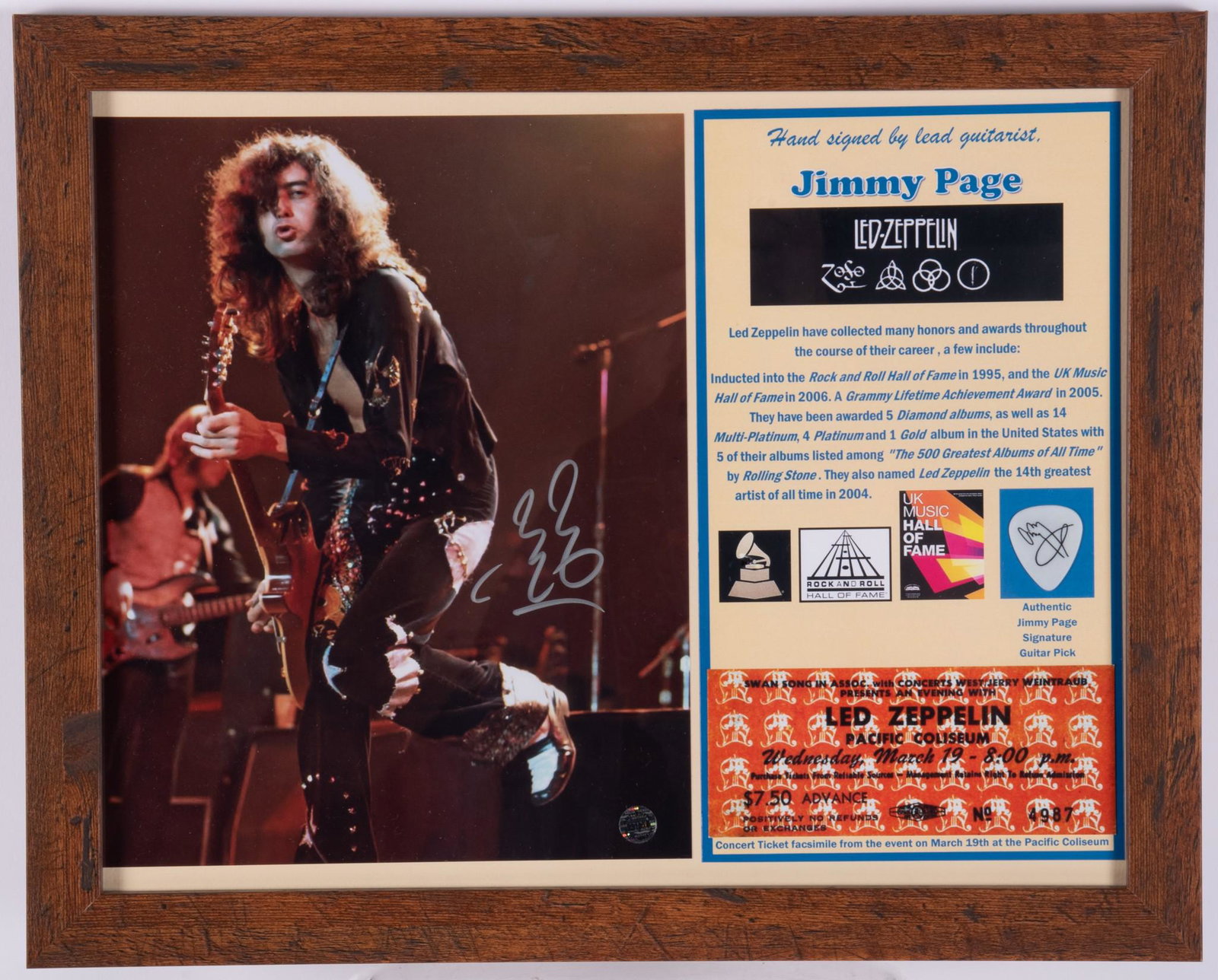 Led Zeppelin Signed Photo/ Pick/ Concert Ticket: Hand signed concert stage photo by Jimmy Page, guitarist for the "14th Greatest Artist of All Time" in 2004 by Rolling Stone magazine. Certainly, revered by millions worldwide! Includes Jimmy's signat