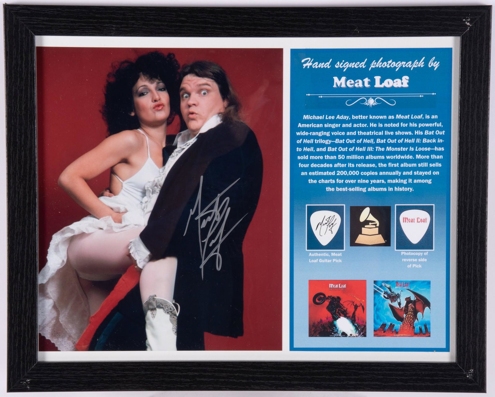 Meat Loaf Signed Photo/ Pick: Hand signed color stage photo by Meat Loaf, singer, and actor. Noted for powerful, wide-ranging voice and theatrical live shows. His "Bat Out of Hell" trilogy has sold more than 65 million albums and 