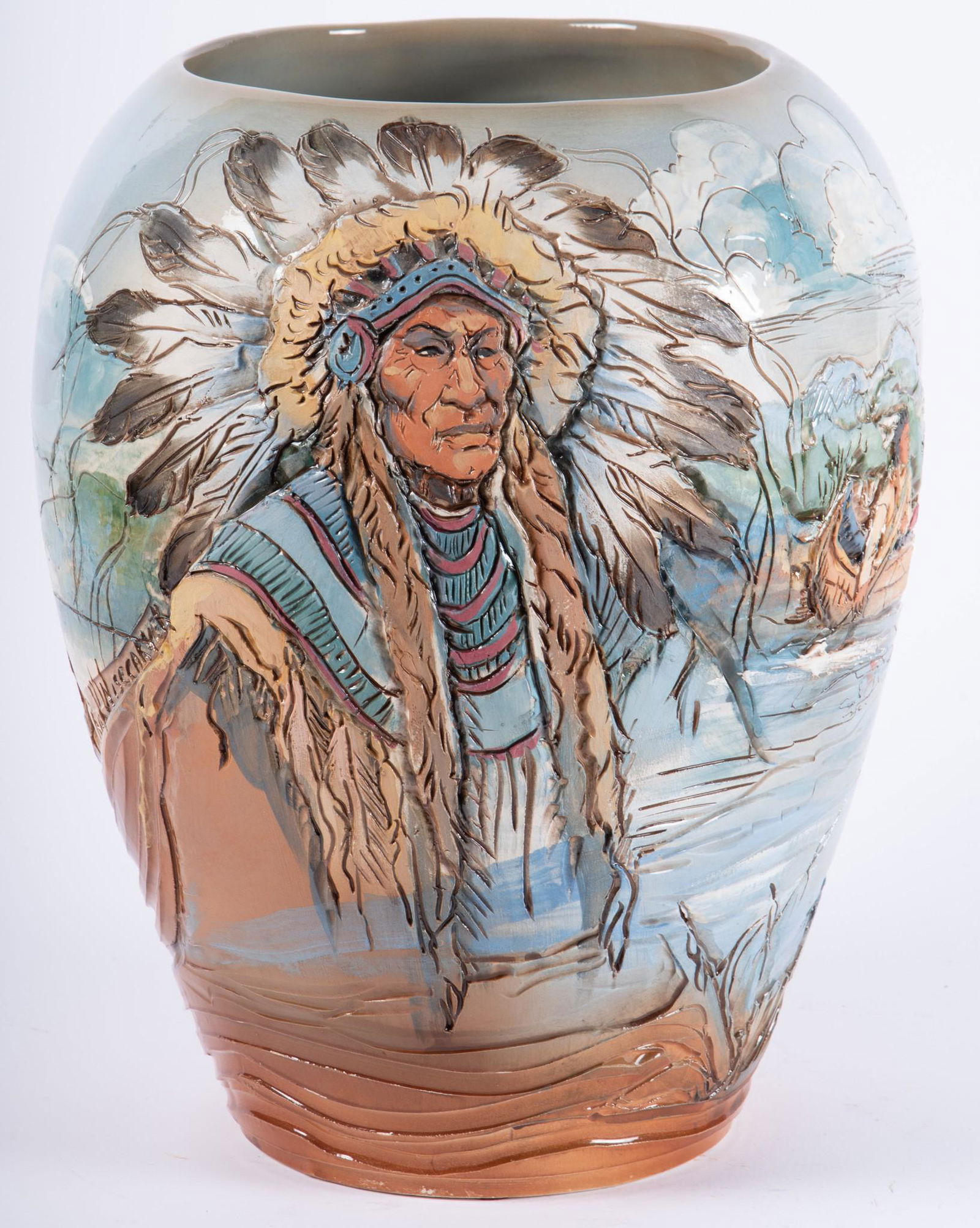 Rick Wisecarver, Wihoa Pottery Hand-Painted One-of-a-Kind Vase, "Indian Life," 1990 (1 of 5)