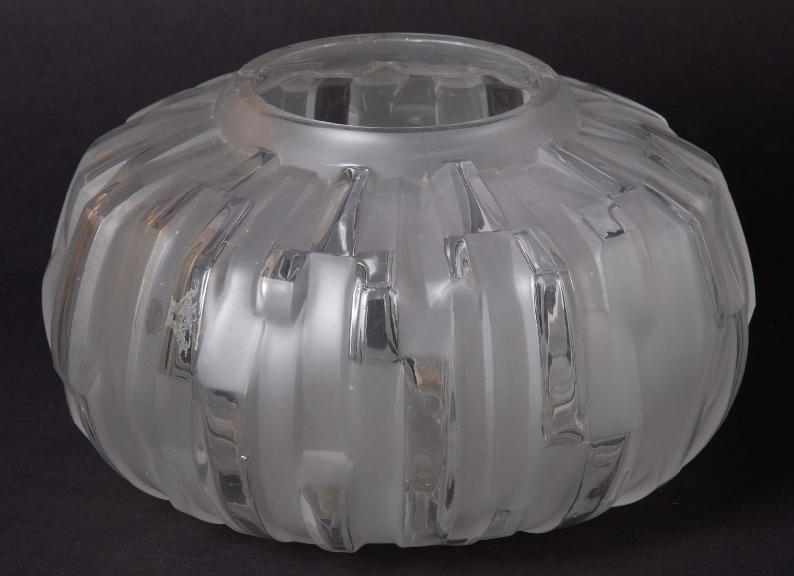 Large Art Deco Frosted/Clear Glass Bowl, A. Hunebelle: Large Art Deco Frosted/Clear Glass Bowl, A. HunebelleAn interesting Art Deco cubist style bowl, by Andre Hunebelle, marked to base A. Hunebelle France. Approximately 6" tall, 9" diameter