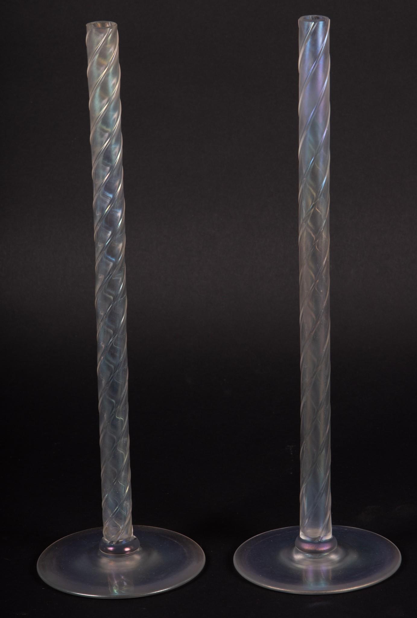 Pair of Tall Steuben Verre de Soie Stick Vases (1 of 3)