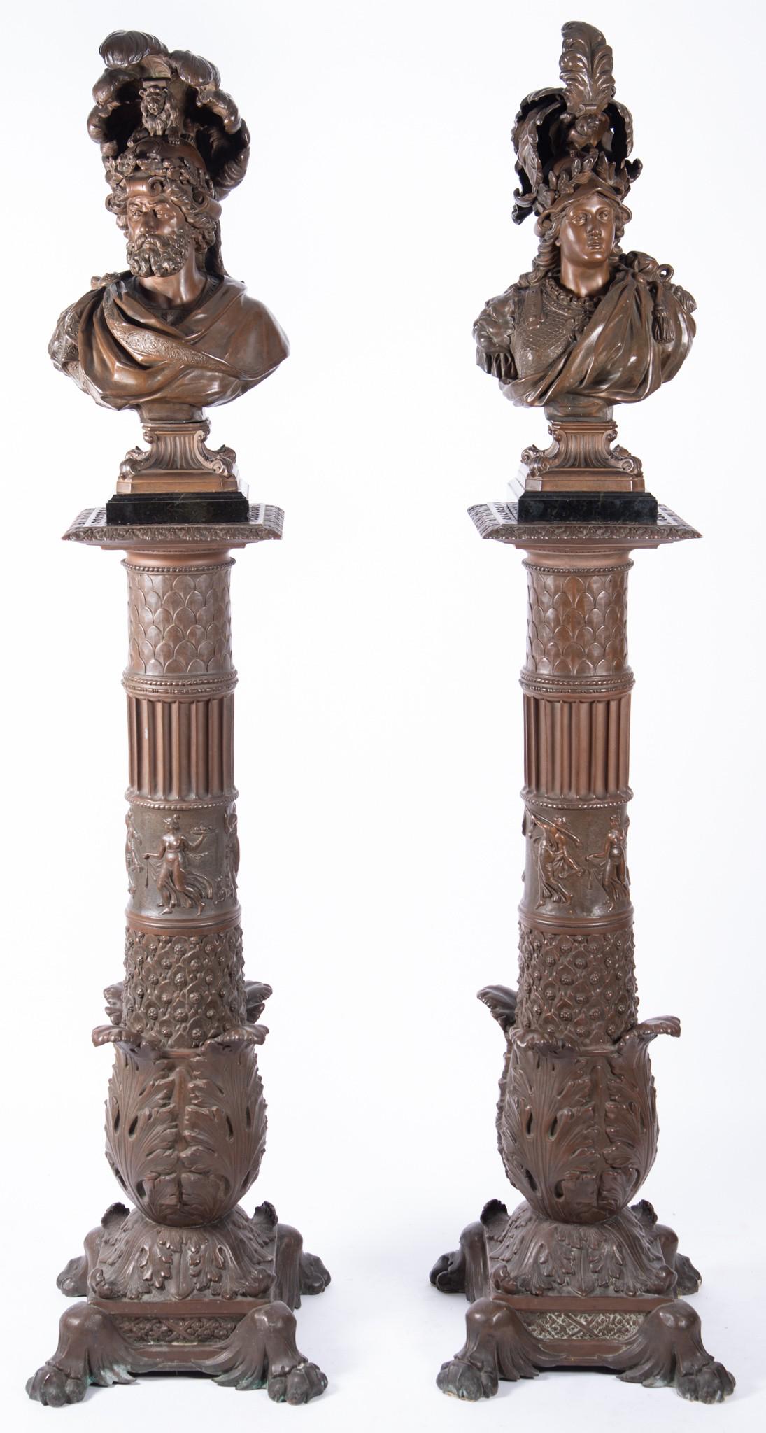 Emile Laporte, France (1858-1907), Two Portrait Busts on intricate associated bronze pedestals, (1 of 7)