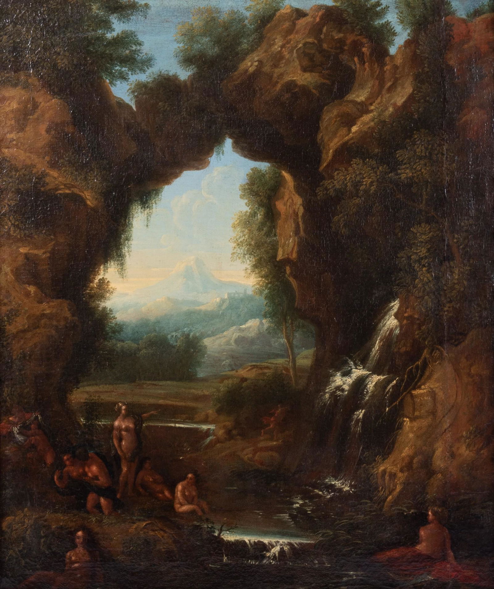 Attr. to Bernardo de Dominici, Naples (1683-1759), Landscape with Figures Bathing in a Waterfall, (1 of 6)