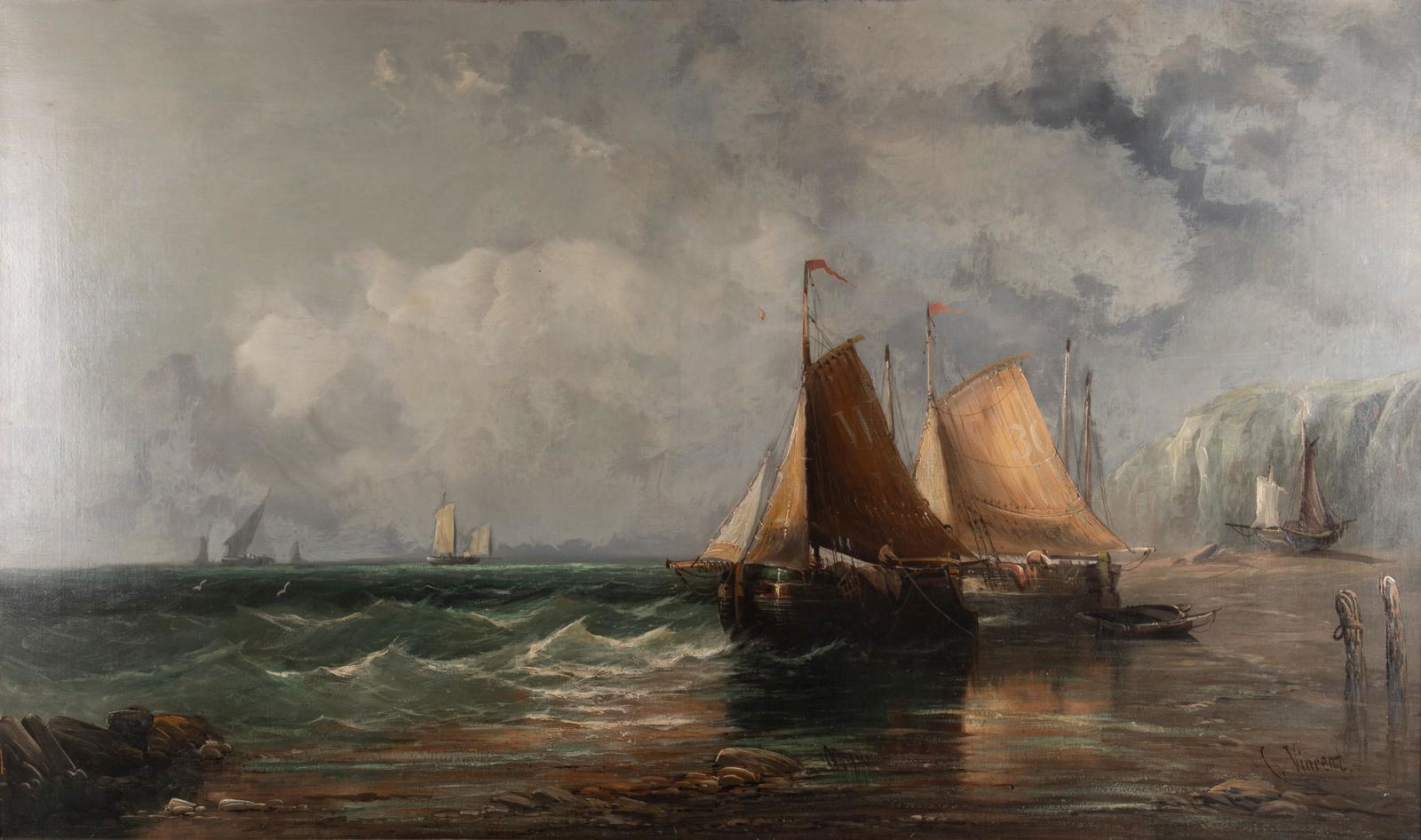 J. Vincent, 19th Century, Sailboats off the Coast, oil on canvas (1 of 6)