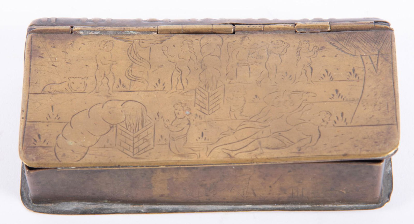 Continental engraved brass snuff box, 18th-century, book form, decorated with Biblical scenes: Adam (1 of 3)