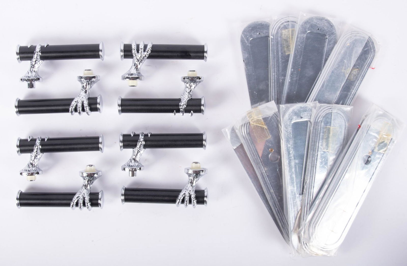 Four Pairs of French Serdaneli Door Levers, Made in France: Four Pairs of French Serdaneli Door Levers, Made in Francepolished black and chrome handles by prestigious Serdaneli, Paris, all hardware included; accompanied with ten chrome back plates