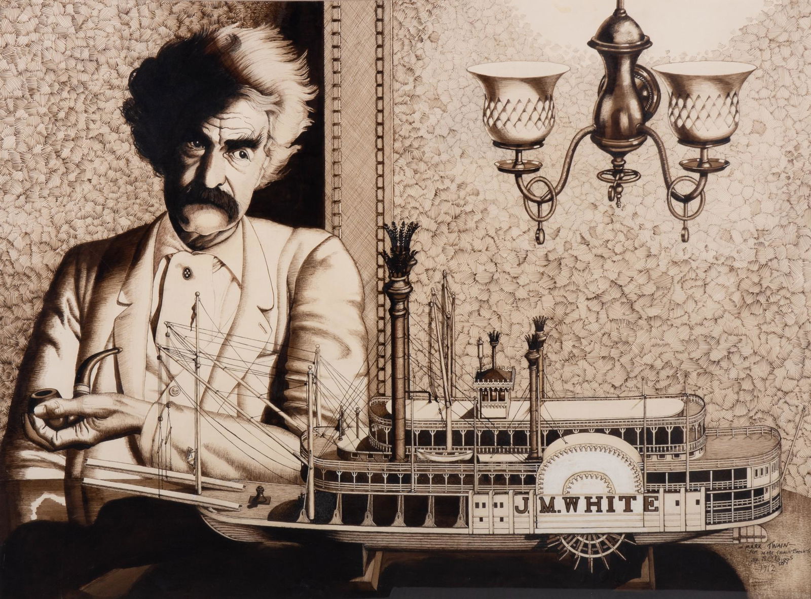 Robert O. Biggs, Missouri (1920-1984), J. M. White with Mark Twain, 1972, sepia ink on paperboard (1 of 5)