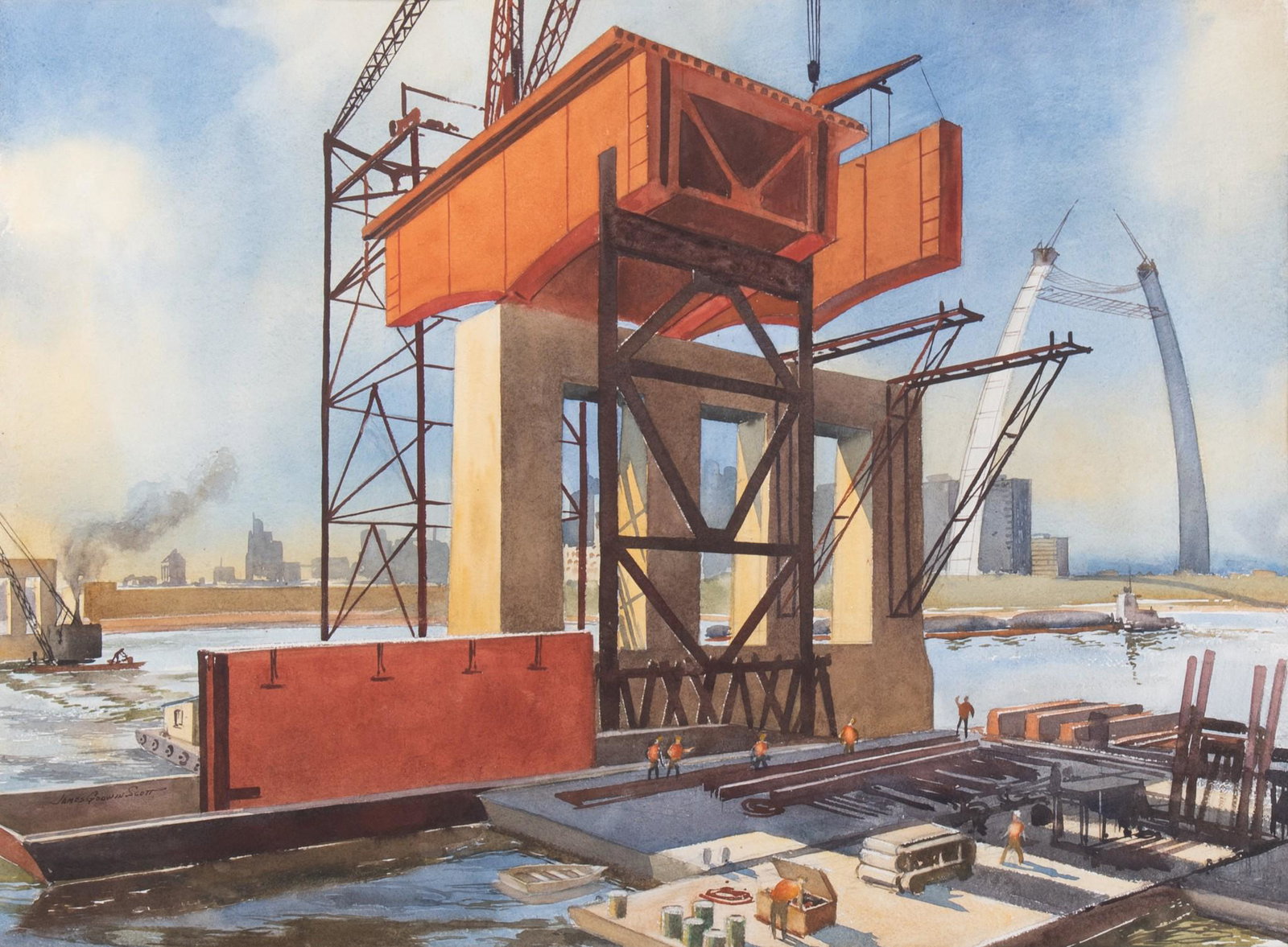 James Godwin Scott, American (1931-2015), The Building of the Poplar Street Bridge, withe the (1 of 5)