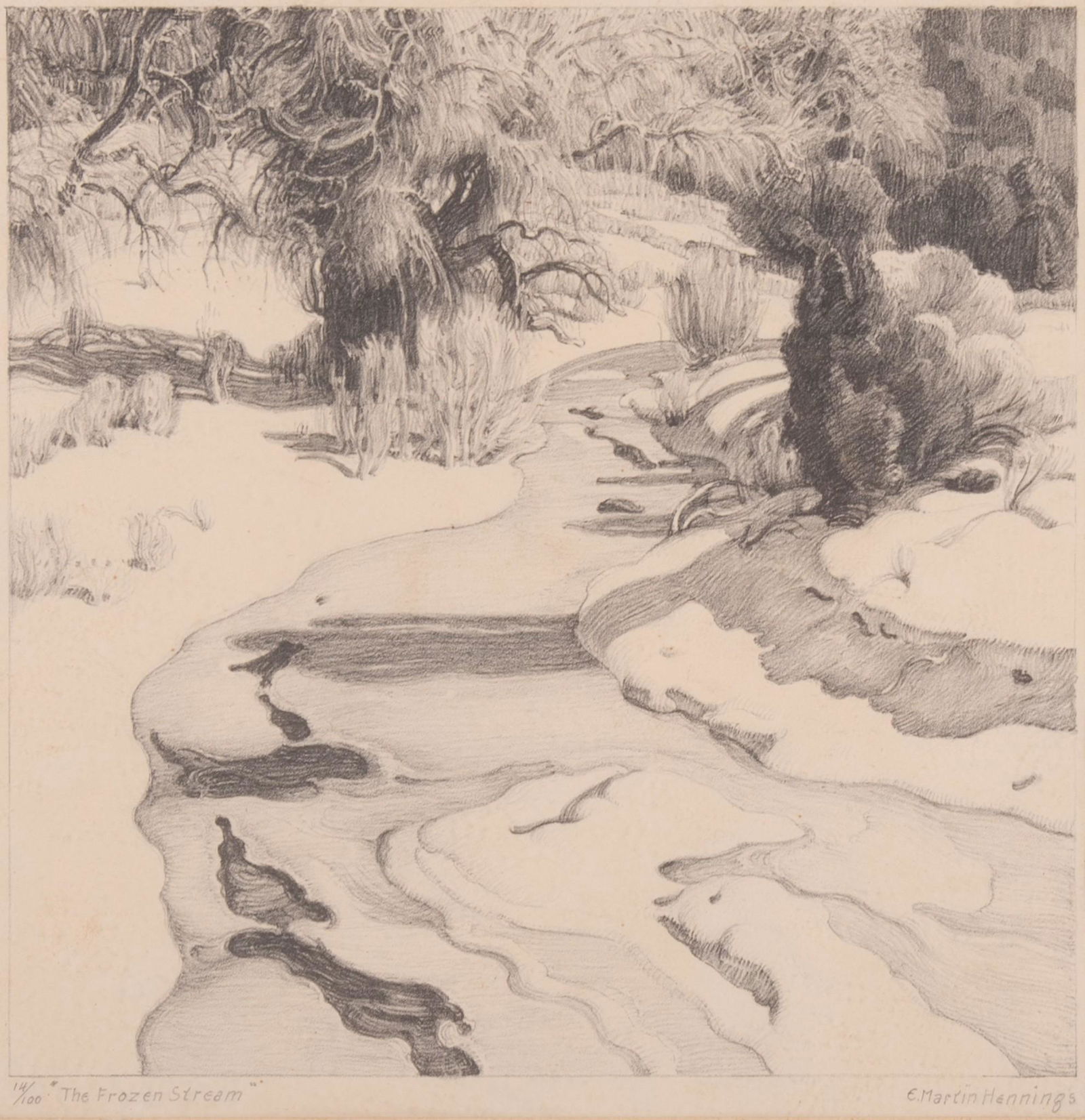 E. Martin Hennings, American (1886-1956), The Frozen Stream, etching, #14/100 (1 of 7)