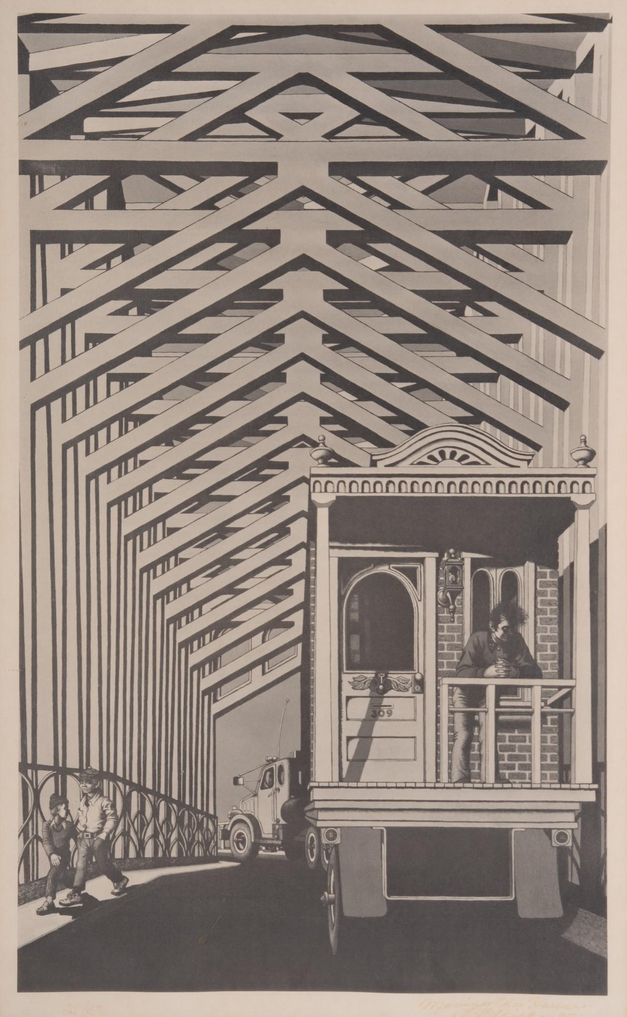 Robert O. Biggs, Missouri (1920-1984), Moving the House, offset lithograph, ed. 21/50 (1 of 6)