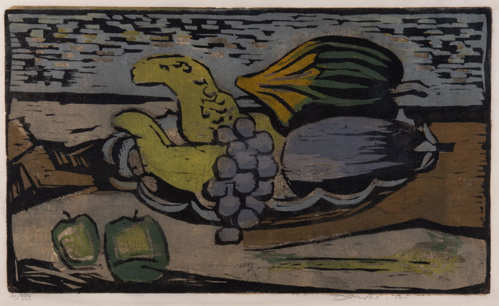 Werner Drewes, New York / Missouri (1899-1985), Still Life with Eggplant, 1954 (Rose 159), color: Werner DrewesNew York / Missouri, (1899-1985)Still Life with Eggplant, 1954 (Rose 159)color woodcut, ed. 30/XXXsigned, dated and numbered in pencil lower margin, framed.Provenance:Purchased by t