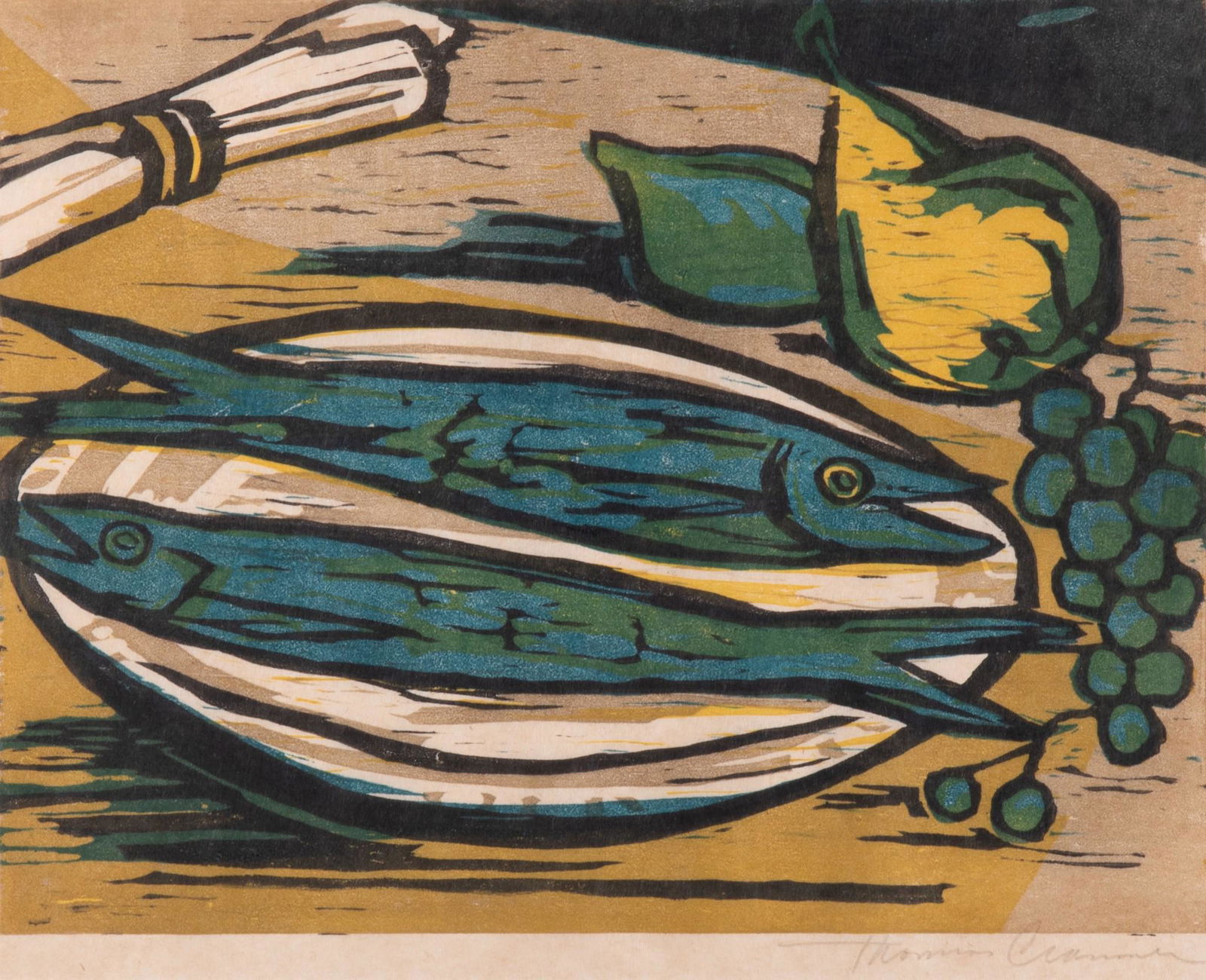 Tom Cranmer, 20th Century, Fish on a Plate, Homage to Werner Drewes, color woodcut (1 of 4)