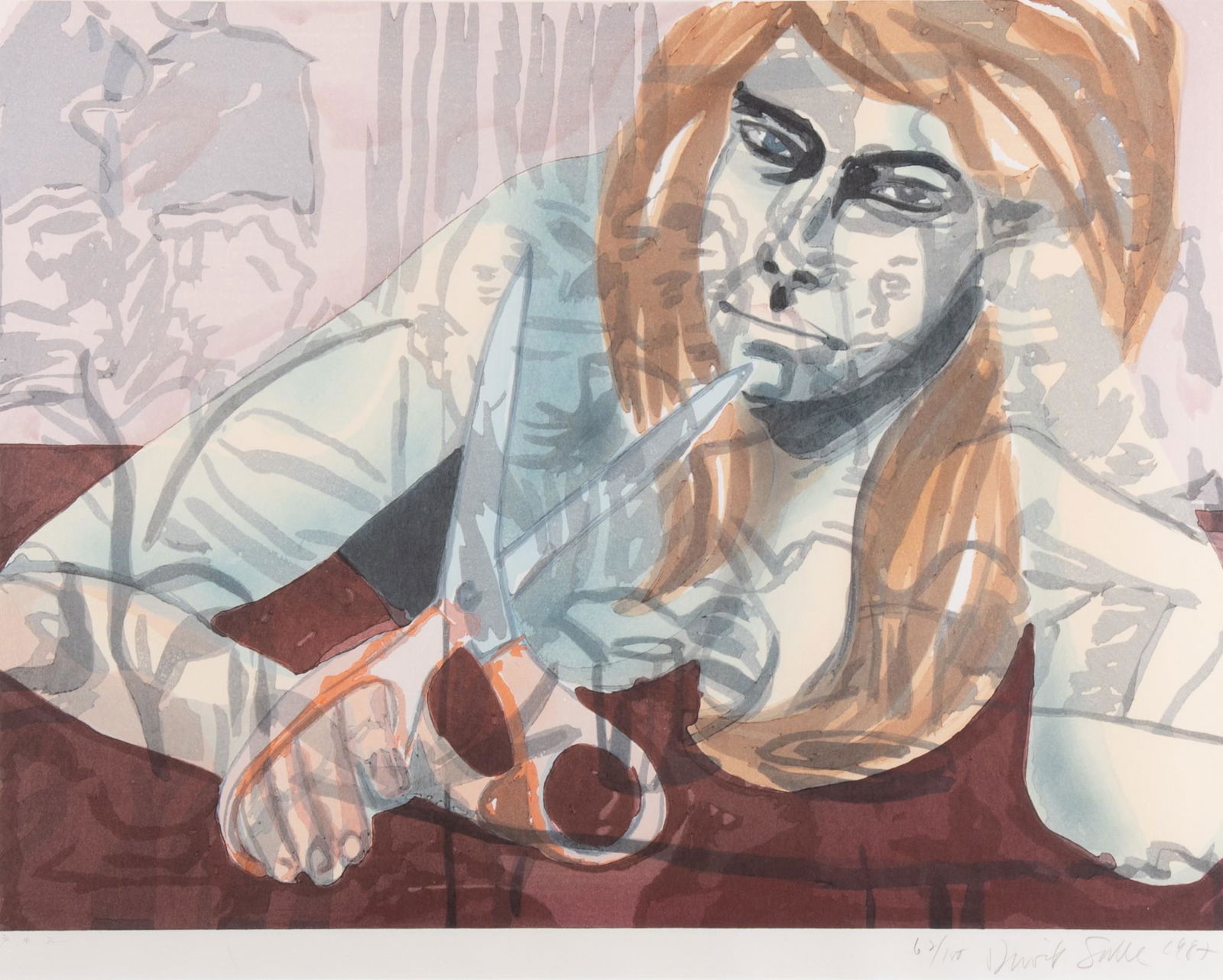 David Salle, American (b. 1952), Portrait with Scissors and Night Club, 1987, color woodblock print,: David SalleAmerican, (b. 1952)Portrait with Scissors and Night Club, 1987color woodblock print, ed. 62/100signed, dated and numbered in pencil lower margin, framed.Provenance: Property of a Corporate
