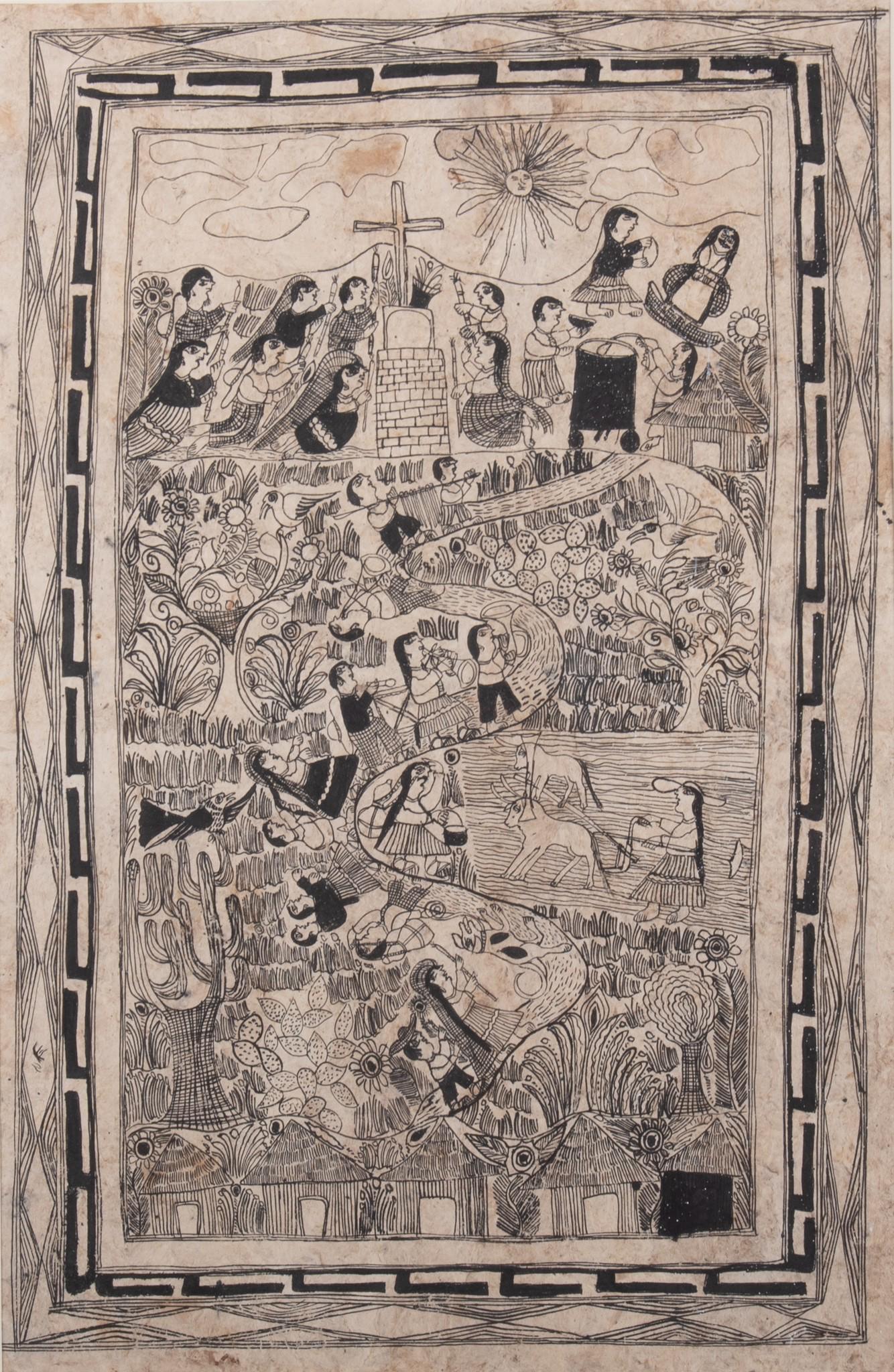 ANONYMOUS pen and ink folk art drawing of Harvest Ceremony, Mexican, 20th Century (1 of 4)