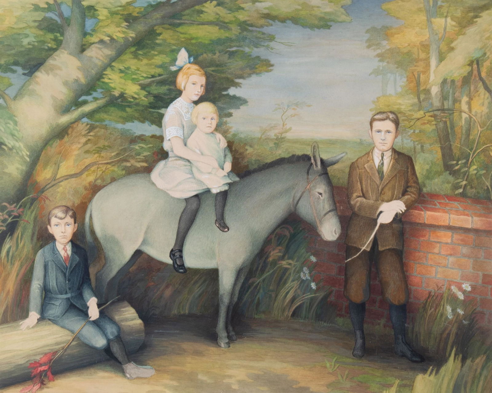 Anonymous , Early 20th Century, Four Children Posing with a Gray Donkey in a Woodland Setting, (1 of 3)
