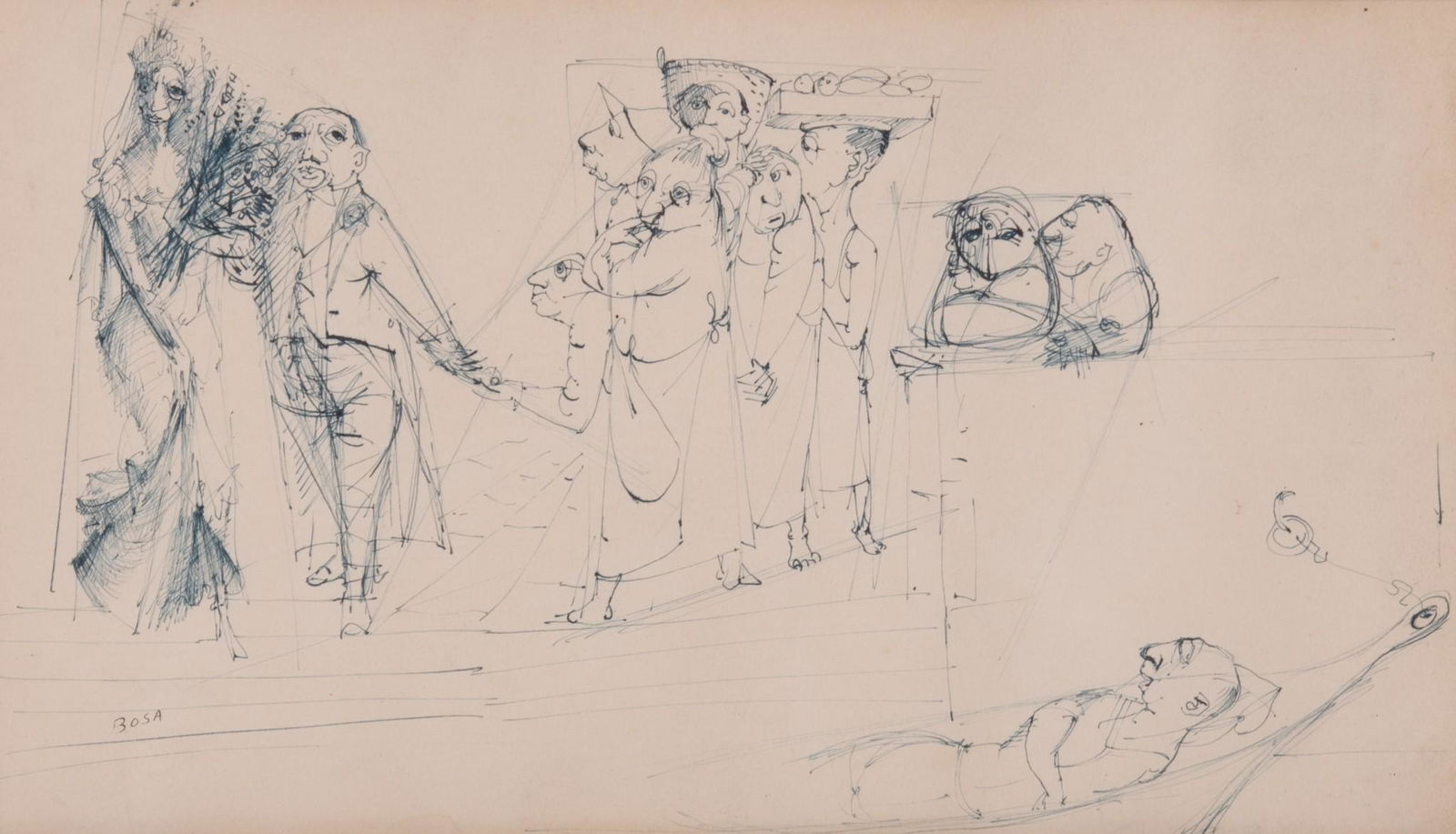 Louis (Luigi) Bosa, New York, Pennsylvania / Italy (1905 - 1981), Sketches of People, ink and pencil (1 of 5)