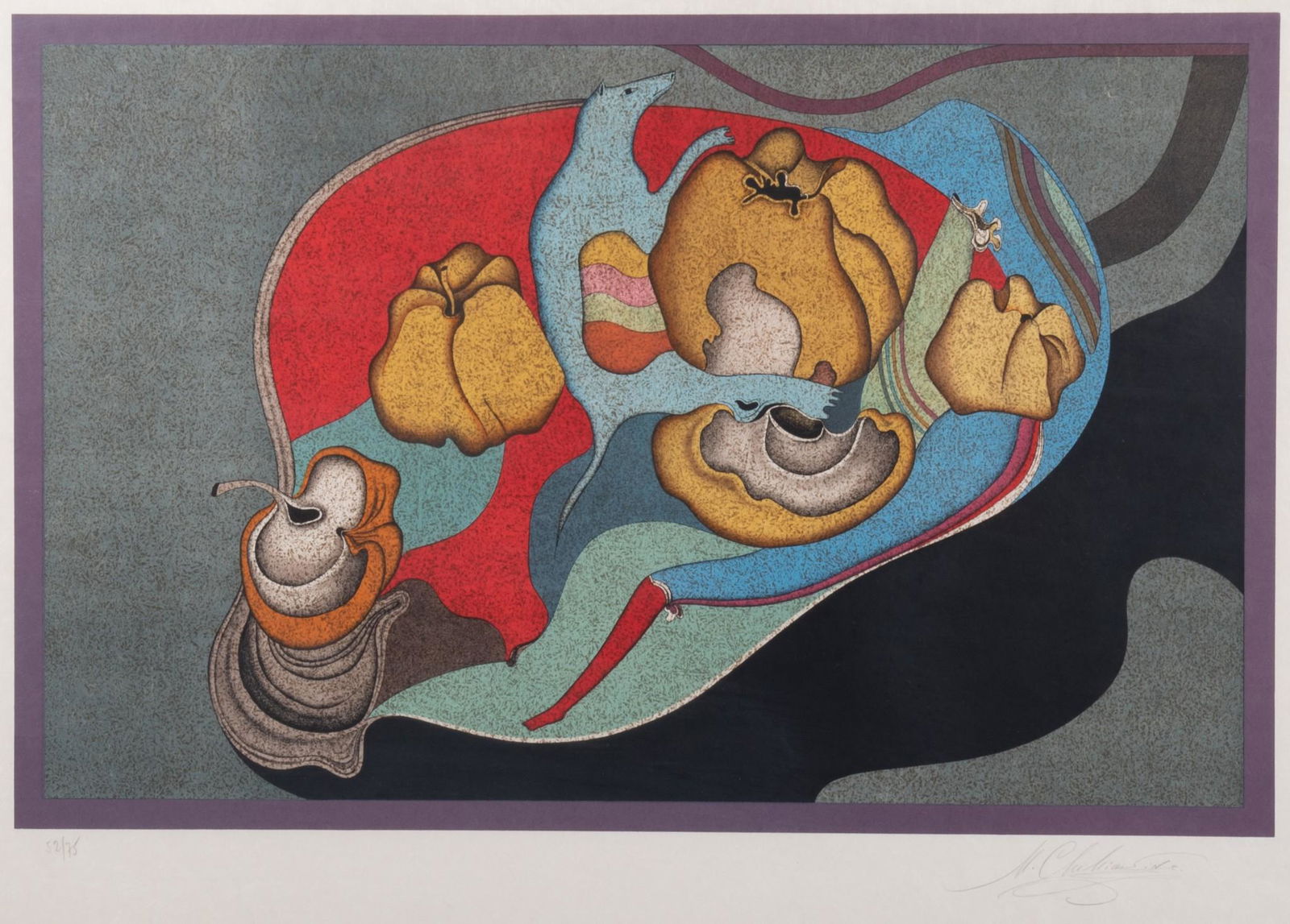 Mihail Chemiakin, Russian / American (b. 1943), Still Life, color lithograph, ed. 52/75: Mihail ChemiakinRussian / American, (b. 1943)Still Lifecolor lithograph, ed. 52/75signed and numbered in pencil lower margin, framed.16 x 25 inches