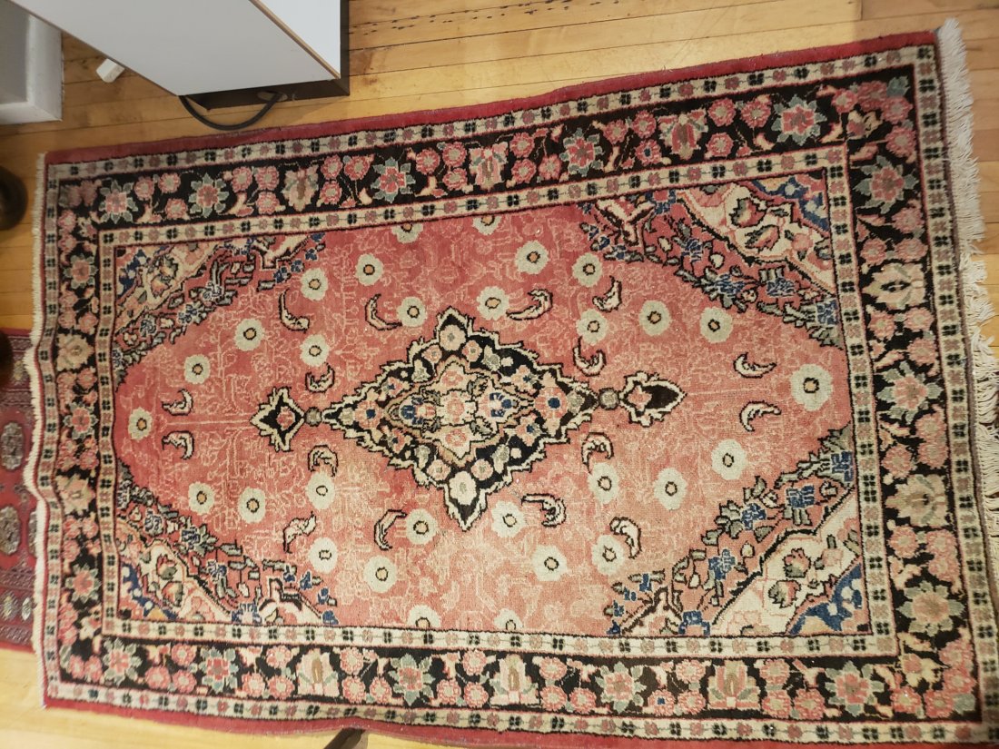Persian Hamadan Carpet, handwoven with three shaped medallions in shades of ivory, blue and red on a (1 of 2)