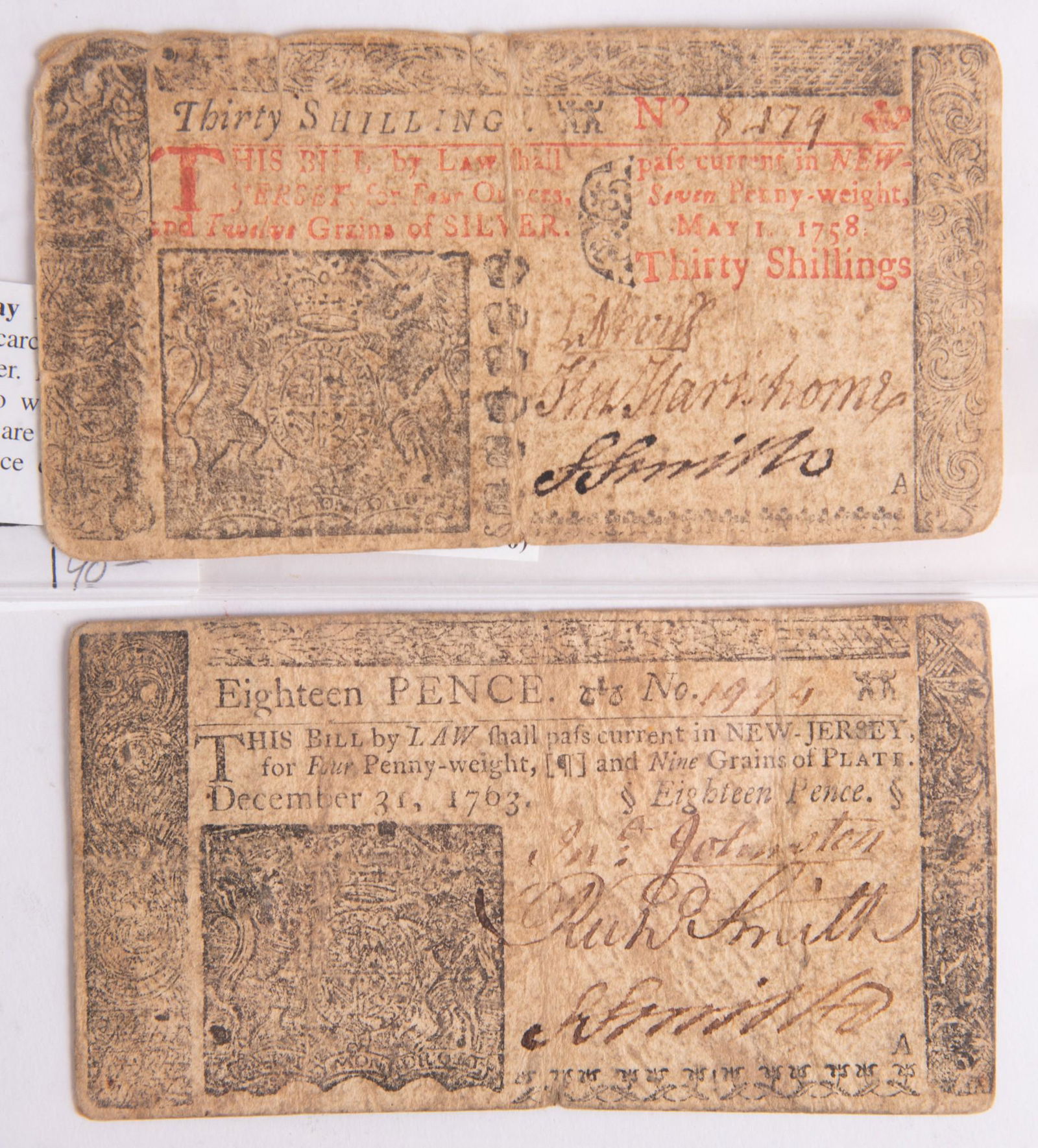 Two New Jersey Colonial Currency Notes: Thirty Shillings, May 1st, 1758; together with Eighteen (1 of 2)