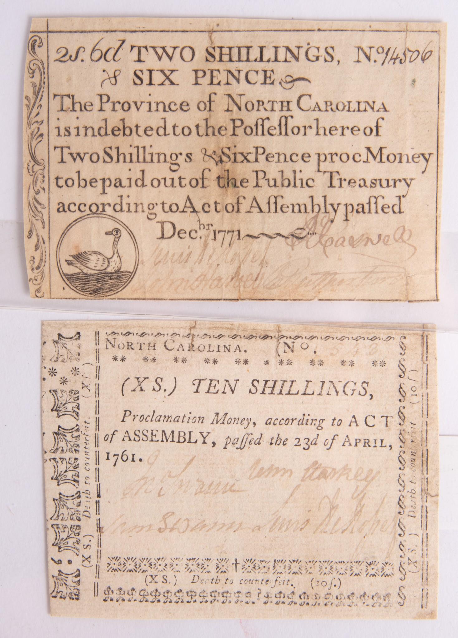 North Carolina, Two Shillings & Six Pence, December 1771; together with North Carolina, Ten (1 of 2)