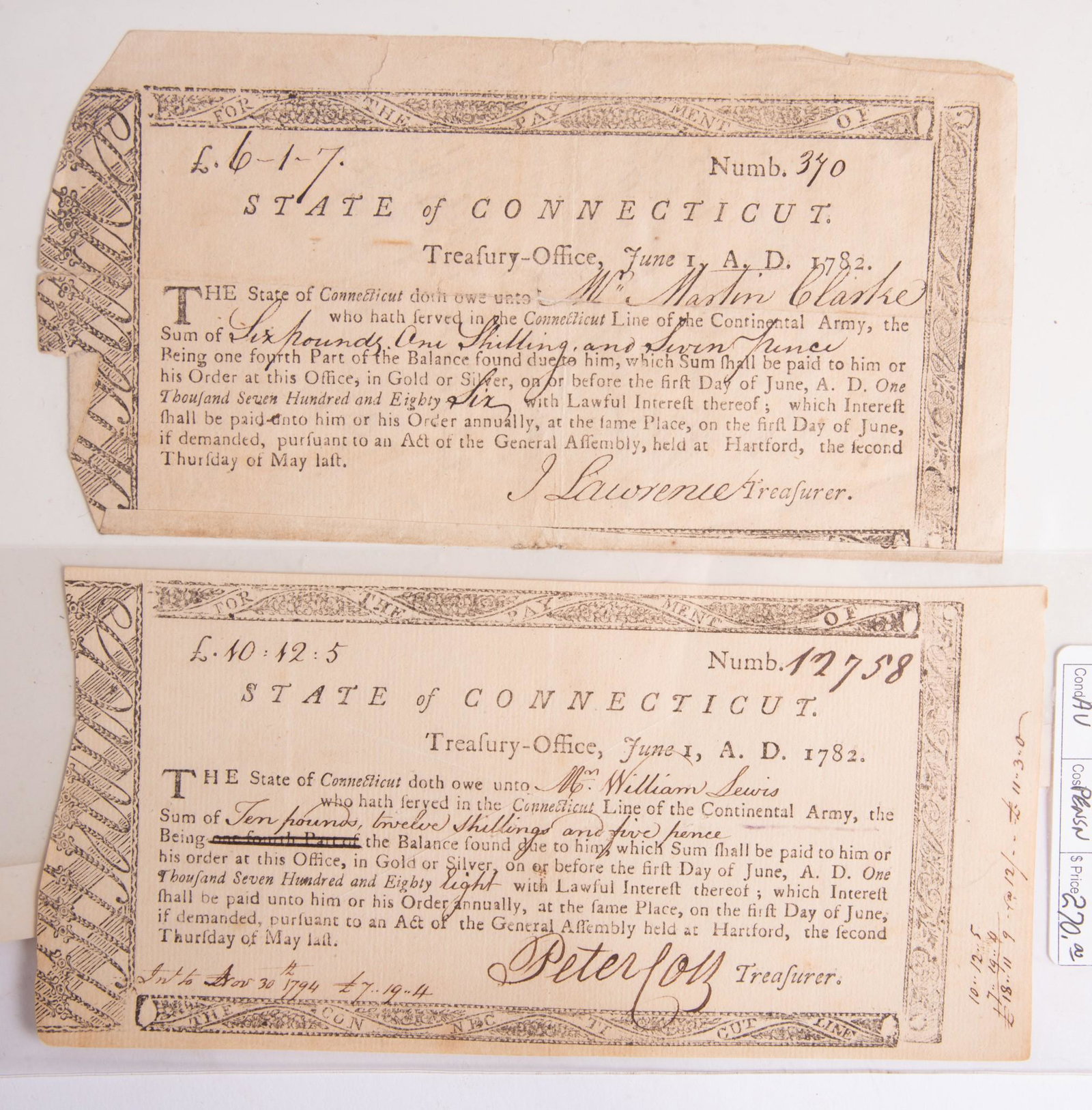 Two 1782 Connecticut Continental Army Treasury Certificates (1 of 2)