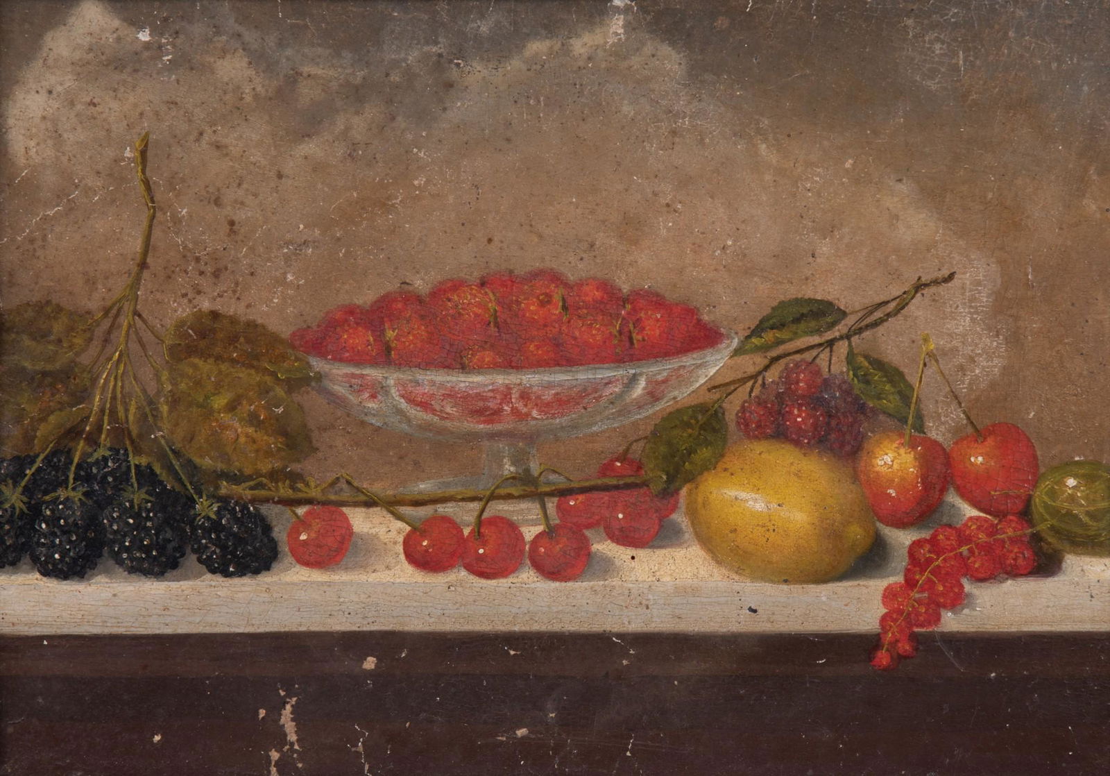 , American 19th Century, Still Life of Fruit on a Marble Ledge, oil on board (1 of 4)