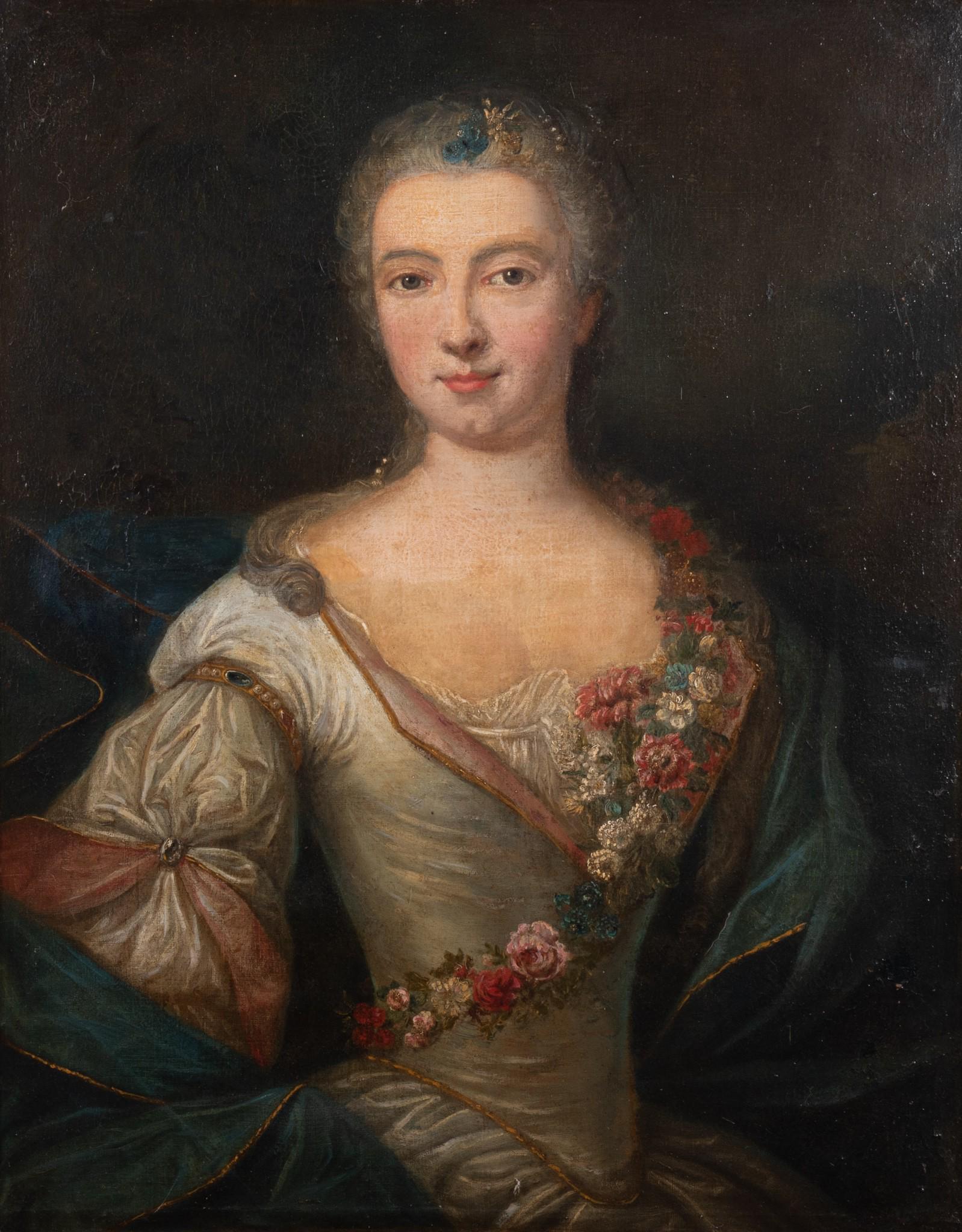 , British 18th Century, Waist Length Portrait of a Woman Wearing a White Satin Dress with a Floral (1 of 5)