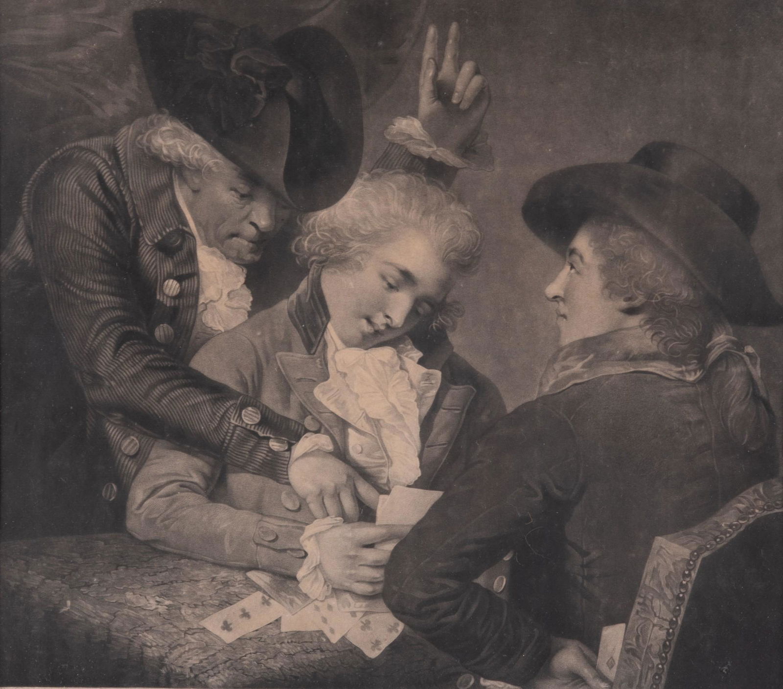 William Ward (1766-1826) after the Rev'd M. W. Peters, R.A., The Gamesters, ca. 1790, mezzotint: William Ward (1766-1826) after the Rev'd M. W. Peters, R.A., The Gamesters, ca. 1790, mezzotintin a carved Hogarth frame.15 x 16 3/4 inches