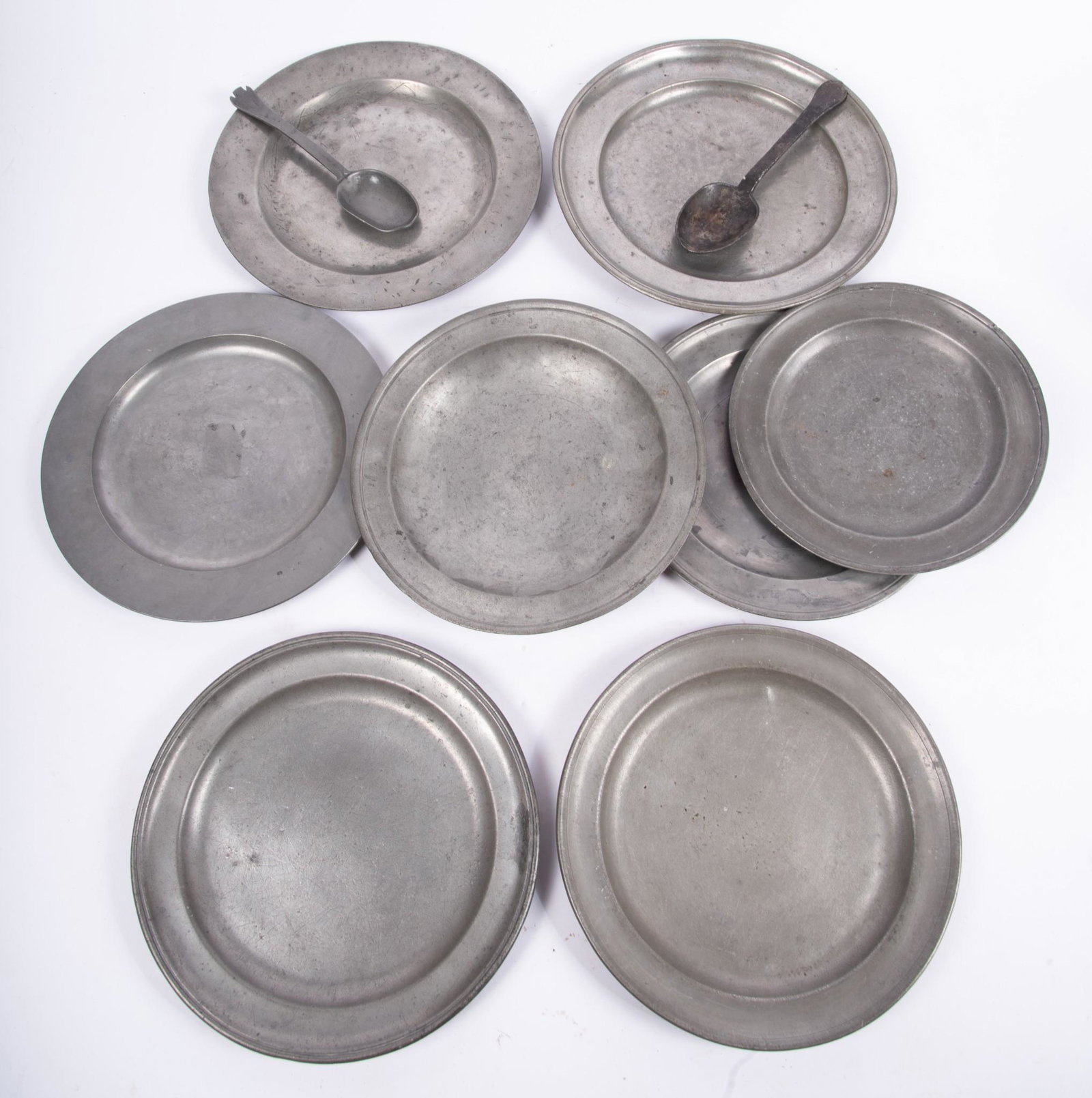 Eight Pewter Plates and Two Pewter Spoons (1 of 3)