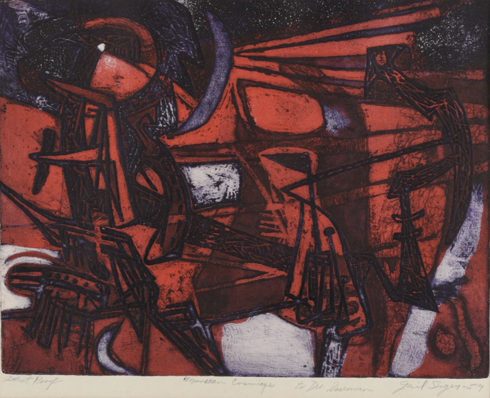 Gail Singer, Missouri/Paris (1924-1983), Moroccan Cosmique, 1959, color etching, artist's proof (1 of 4)