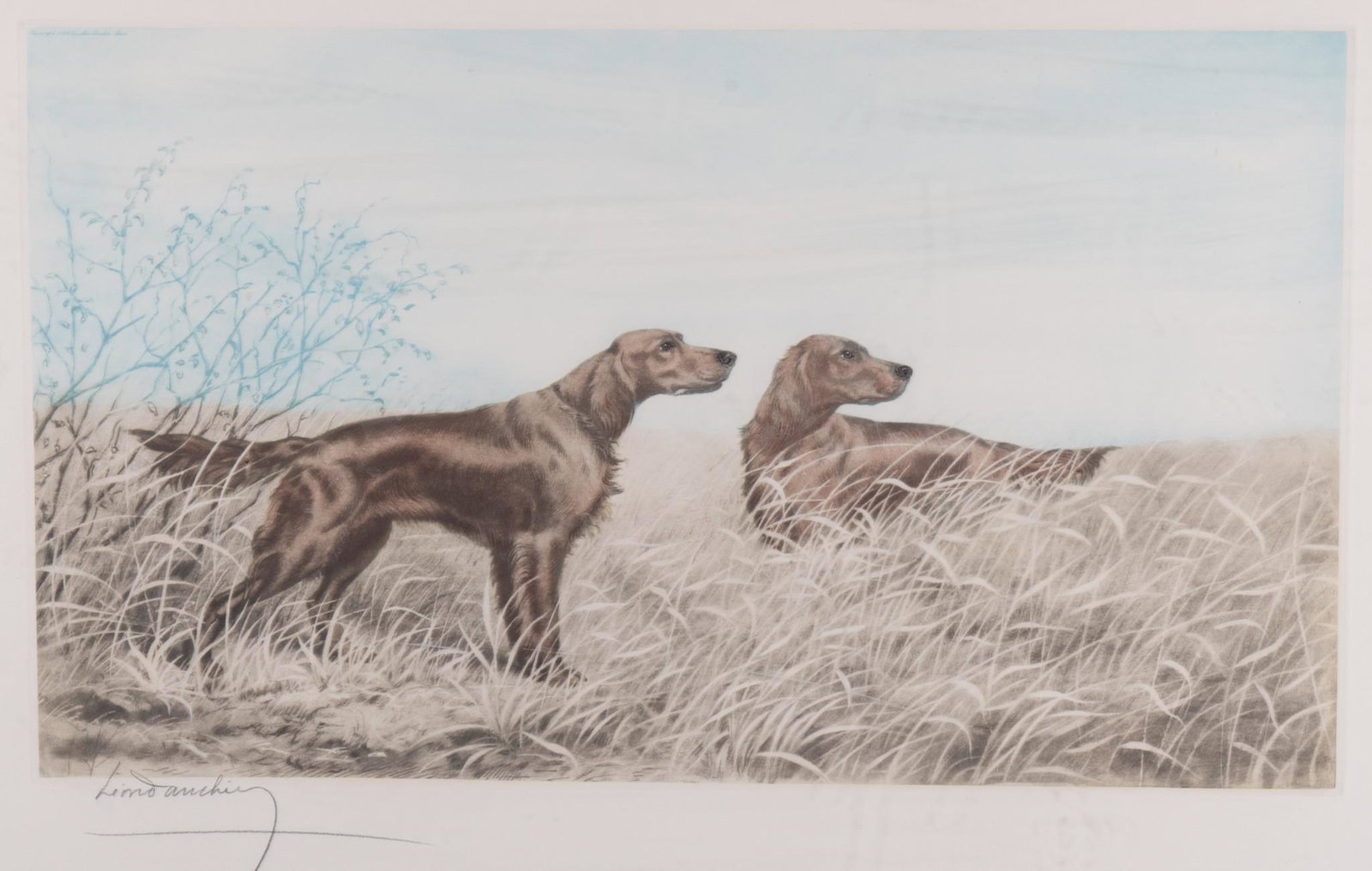 Leon Danchin, France (1887-1939), Two Irish Setters, etching with hand coloring, published 1938: Leon DanchinFrance, (1887-1939)Two Irish Settersetching with hand coloring, published 1938signed in pencil lower margin, framed.12 3/4 x 21 3/4 inches